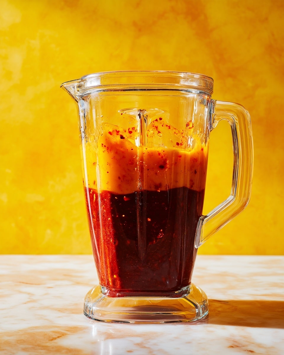 A clear blender filled with two visible layers of sauce: the bottom layer is a thick, dark red with a slightly chunky texture, while the top layer is a brighter orange and more liquid with small floating pieces. The blender is set against a white marbled surface with a bright yellow background. The blender itself is clear with a transparent handle and is centered in the image, showing the vivid colors and textures of the sauce inside. Photo taken with an iphone --ar 4:5 --v 7