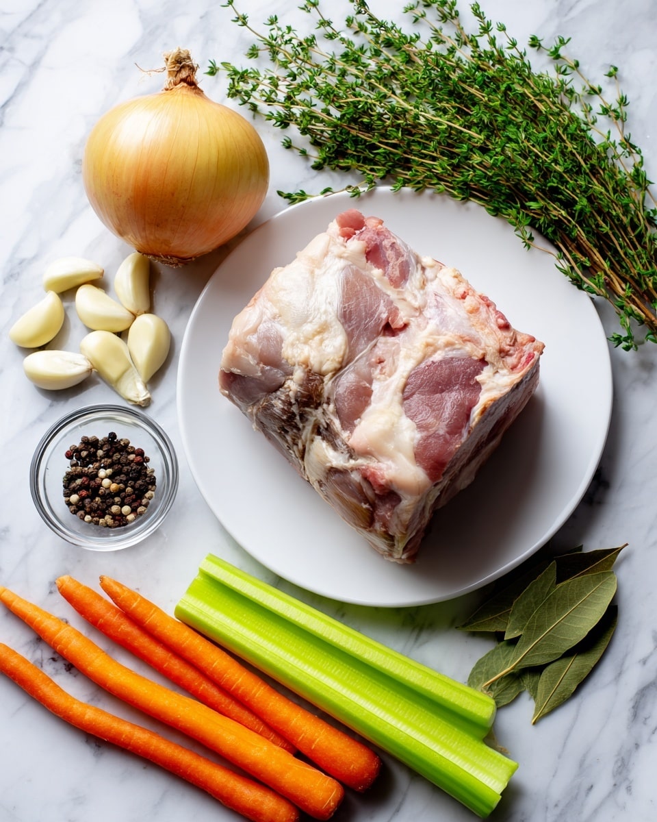 A thick leftover ham bone with pink and brown colors rests on a white plate placed on a white marbled surface. To the left of the plate is a whole yellow onion with a dry outer skin, followed below by several peeled garlic cloves. Two long, light green celery sticks with crisp texture extend diagonally across the bottom center of the image. Bright orange carrots lie parallel to the celery. Fresh dark green parsley leaves sit beneath the celery near the bottom left, while small sprigs of thyme with tiny green leaves are scattered near the bottom right. A small clear glass bowl holds black peppercorns and two bay leaves, positioned near the bottom center. Each ingredient is labeled with soft white tags and black text. photo taken with an iphone --ar 4:5 --v 7