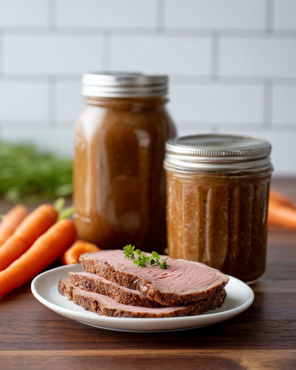 Two glass jars filled with a thick brown liquid, one jar is taller and the other is shorter, both with metal lids, placed on a dark wooden surface with a white tiled wall background. To the left of the jars, there are three whole orange carrots lying down. In the foreground, a white plate holds slices of pink meat with a brown crust and a small green herb sprig on top. The setting is bright and clean with a simple arrangement. photo taken with an iphone --ar 4:5 --v 7