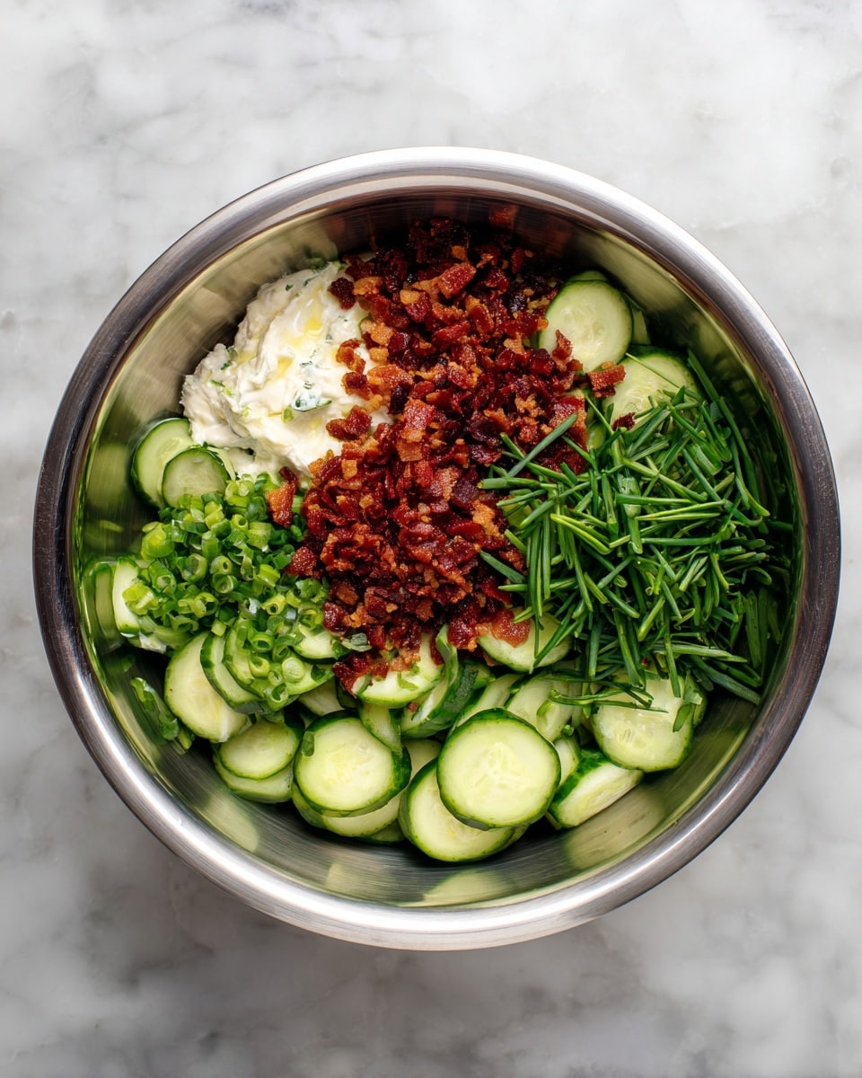 A stainless steel bowl filled with three main layers of ingredients: the bottom layer is made of many small, bright green cucumber slices with dark green edges spread around the bowl; on top of that, there is a generous pile of crispy reddish-brown bacon bits placed towards the side; next to the bacon bits, there is a smooth, thick layer of white creamy dressing; finally, fresh green chopped scallions are scattered mainly on one side of the bowl, adding texture and more green color. The background is a white marbled surface. photo taken with an iphone --ar 4:5 --v 7