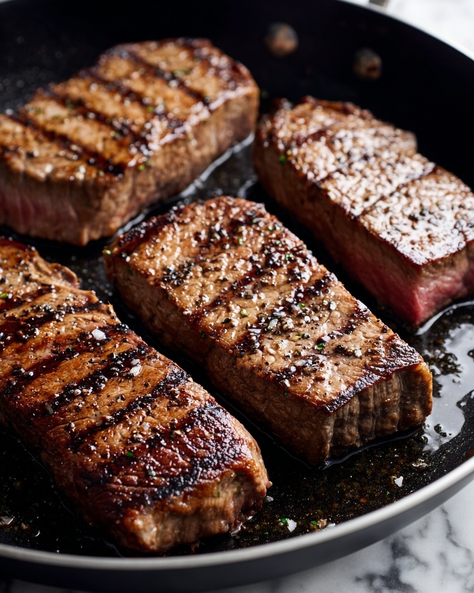 Four thick, rectangular pieces of steak are cooking in a black frying pan. Each steak has dark brown grill marks across the top surface, with a glossy texture showing juices and slight seasoning in black pepper specks. The steaks vary slightly in size and color, with some edges showing a pinkish tone, indicating they are cooking to a medium level. The background has a soft, blurred look focusing on the steaks. The surface under the pan is changed to white marbled texture. photo taken with an iphone --ar 4:5 --v 7