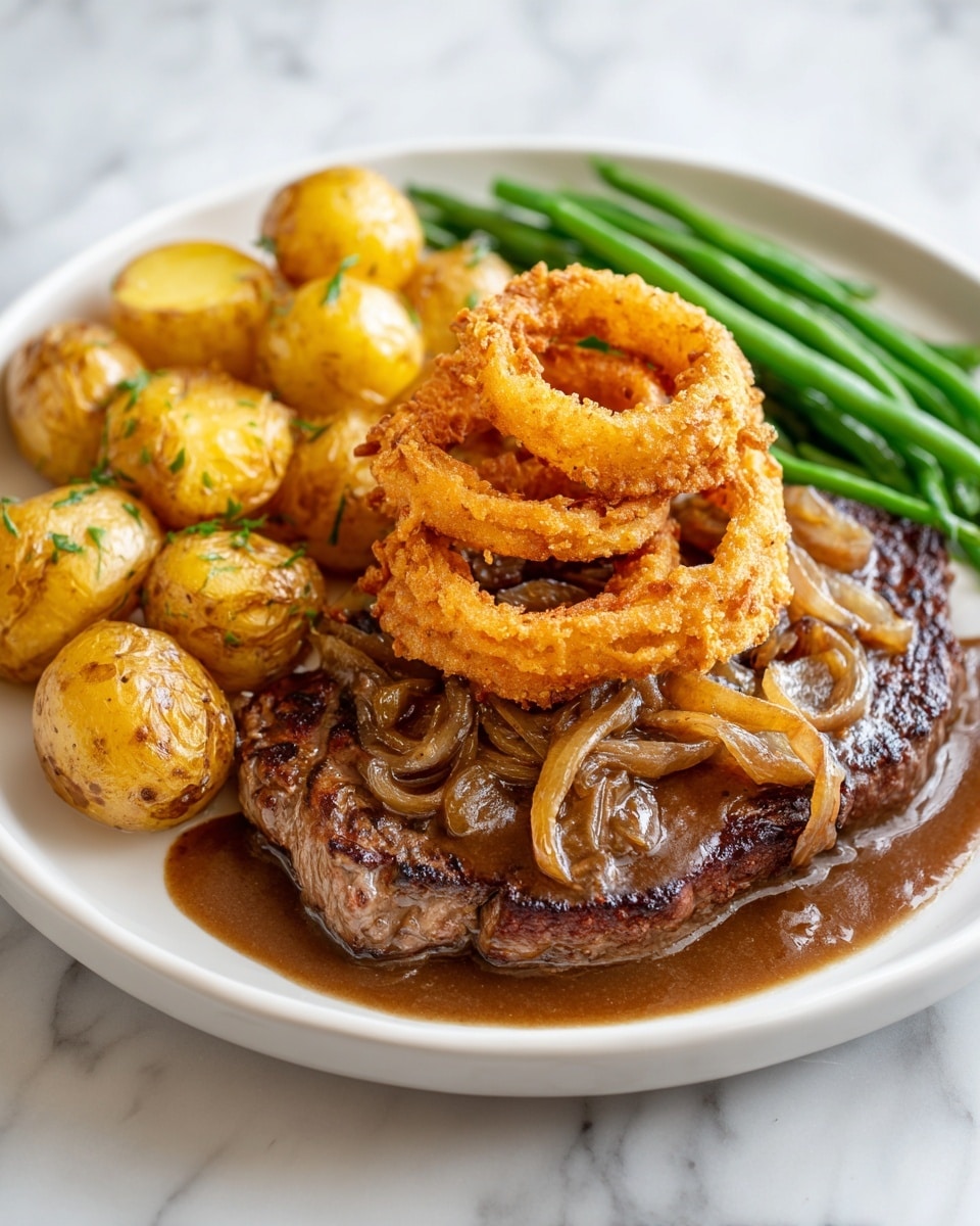 A white plate holds a layered dish starting with a base of bright green beans arranged in a ring along the edges. On top of the beans are small, round golden baby potatoes, forming a second outer ring. In the center, there are several thick slices of browned roast beef with a juicy pink center and a crispy outer edge. The slices are covered with a shiny brown gravy. The top layer consists of a pile of golden, crispy fried onion rings scattered over the meat. Small green herb pieces are sprinkled over the whole dish for color contrast. The plate is set on a white marbled surface. photo taken with an iphone --ar 4:5 --v 7