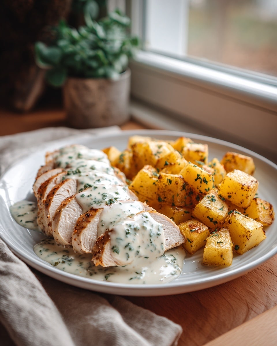 On a round white plate, there are two parts: on the left side, slices of grilled chicken with a golden brown color are arranged in a row, covered by a thick creamy sauce with small green herb bits, mainly parsley, spread evenly over the chicken. On the right side, there is a pile of golden yellow roasted potato cubes with crispy, browned edges and sprinkled lightly with green herbs. The plate is placed on a wooden surface next to a window with a soft natural light coming through, and a beige cloth is partly seen on the left edge. In the blurred background, a green potted plant is visible. The overall look is warm, inviting, and fresh. Photo taken with an iphone --ar 4:5 --v 7
