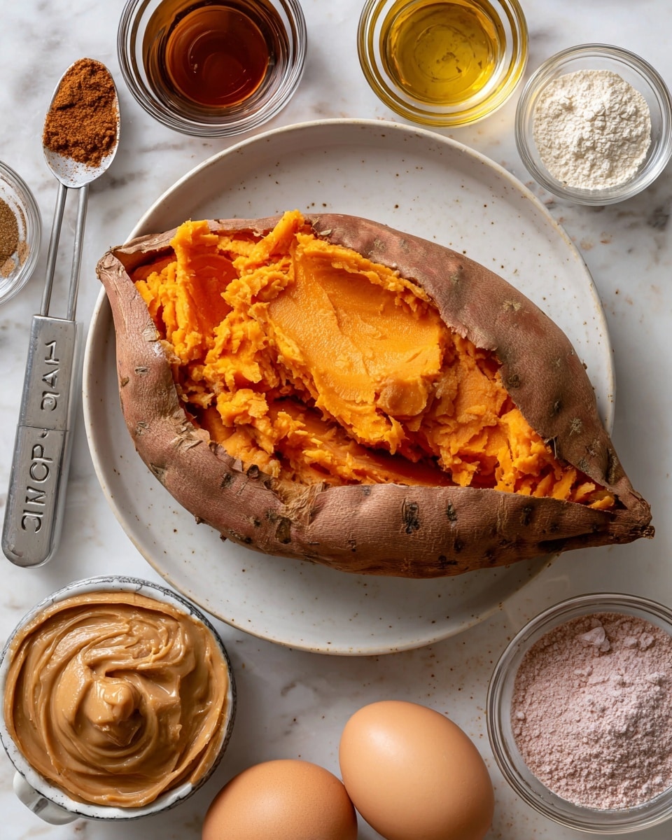 A cooked sweet potato with its skin opened on a white plate sits on a white marbled surface. The bright orange soft inside of the sweet potato is mashed and textured with visible lines. Around the plate, there are small glass bowls containing a dark brown liquid, a light golden brown liquid, and various powdered spices in shades of white, pink, and light brown in a small white bowl with a dark rim. Below, a metal measuring cup is filled with smooth, light brown peanut butter with a swirl on top, and four light brown eggs lie next to each other. A metal measuring spoon with