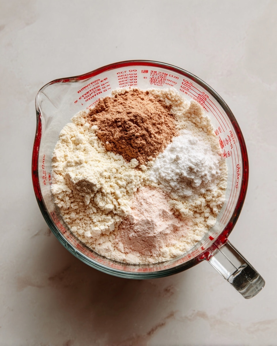 A clear glass measuring cup filled with dry ingredients shown from above on a white marbled surface. The base layer is light beige flour covering most of the cup's inside. On top, there are three small piles: a warm brown powder on the left, a bright white powder in the top right, and a light pink powder just below the white one. The cup has red measurement markings on its sides and a thick handle on the right side. The lighting is soft and natural, giving a clean and simple look photo taken with an iphone --ar 4:5 --v 7