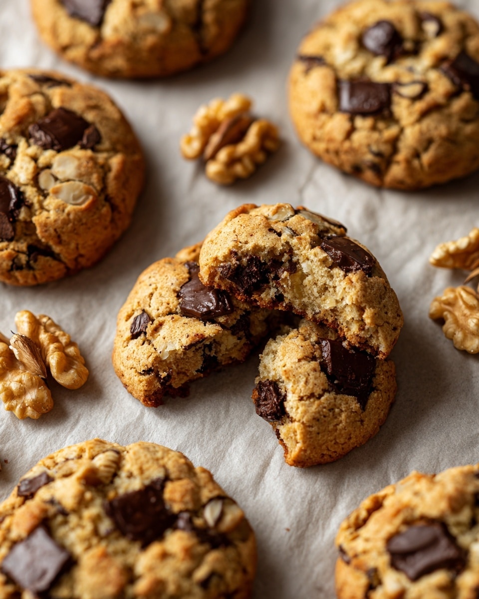 The image shows a close-up of several chocolate chip cookies with walnuts on a light brown parchment paper placed on a white marbled surface. Each cookie is round, chunky, and has a rough texture with visible dark brown chocolate chips and light brown walnut pieces spread through the light golden cookie dough. One cookie near the center is broken into two pieces, exposing its soft crumbly inside. Next to this cookie, there are also a few walnut halves placed on the parchment paper. The overall colors are warm, with golden brown, dark chocolate, and light walnut hues, all softly lit to show detailed texture. Photo taken with an iphone --ar 4:5 --v 7