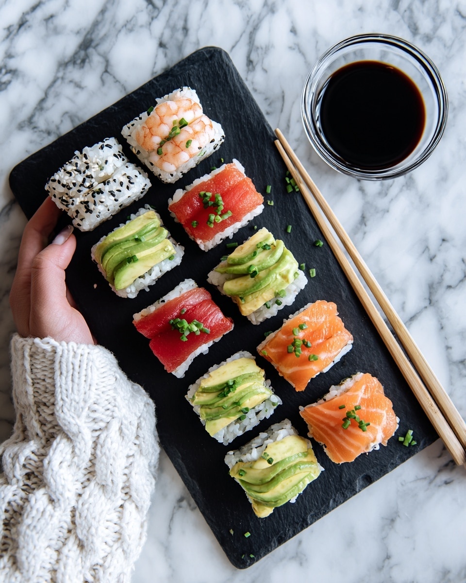 The image shows a black rectangular slate plate with ten pieces of colorful sushi arranged in two neat rows. Each sushi piece has a base of white rice with black sesame seeds and varies in toppings: some have light pink cooked shrimp, others have smooth avocado slices in light green, and some feature bright red raw tuna topped with chopped green chives. Two pieces have a soft orange fish, likely salmon, draped over the rice. To the right of the plate is a small clear glass bowl filled with dark soy sauce, accompanied by a pair of light wooden chopsticks resting near it. The background is a white marbled texture with a white knitted cloth partially visible at the bottom left. A woman's hand is slightly touching the edge of the cloth. Photo taken with an iphone --ar 4:5 --v 7