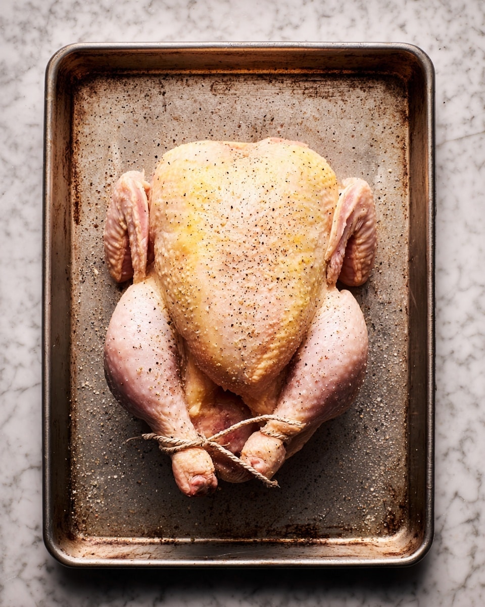A whole raw chicken is placed in a metal baking tray. The chicken is pale pink with patches of yellow fat showing through. Its legs are tied together with a brown string. The surface of the chicken is covered evenly with coarse salt and black pepper, giving it a speckled look. The baking tray has a worn, slightly rusty texture. The background is a white marbled surface. photo taken with an iphone --ar 4:5 --v 7