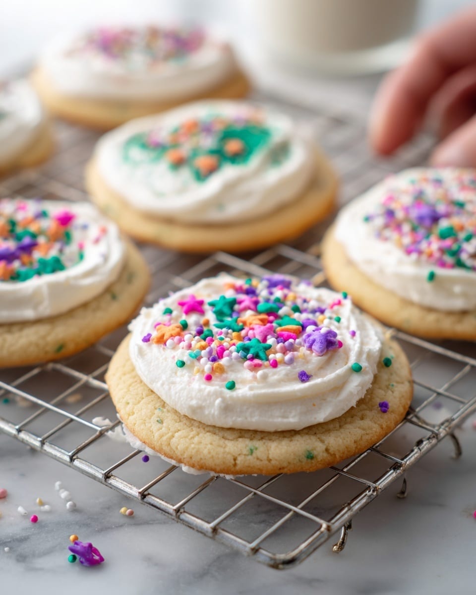 Round sugar cookies are laid out on a dark surface with a white marbled texture. Each cookie has two layers: the bottom is a light beige cookie with a soft texture, and the top is a thick, smooth white icing layer that covers the whole cookie. Scattered on the icing are small, colorful star-shaped sprinkles in bright green, pink, yellow, purple, blue, and orange. The cookies are arranged so some overlap slightly, showing their thickness and the soft edges of the cookies. The photo is taken with an iphone --ar 4:5 --v 7