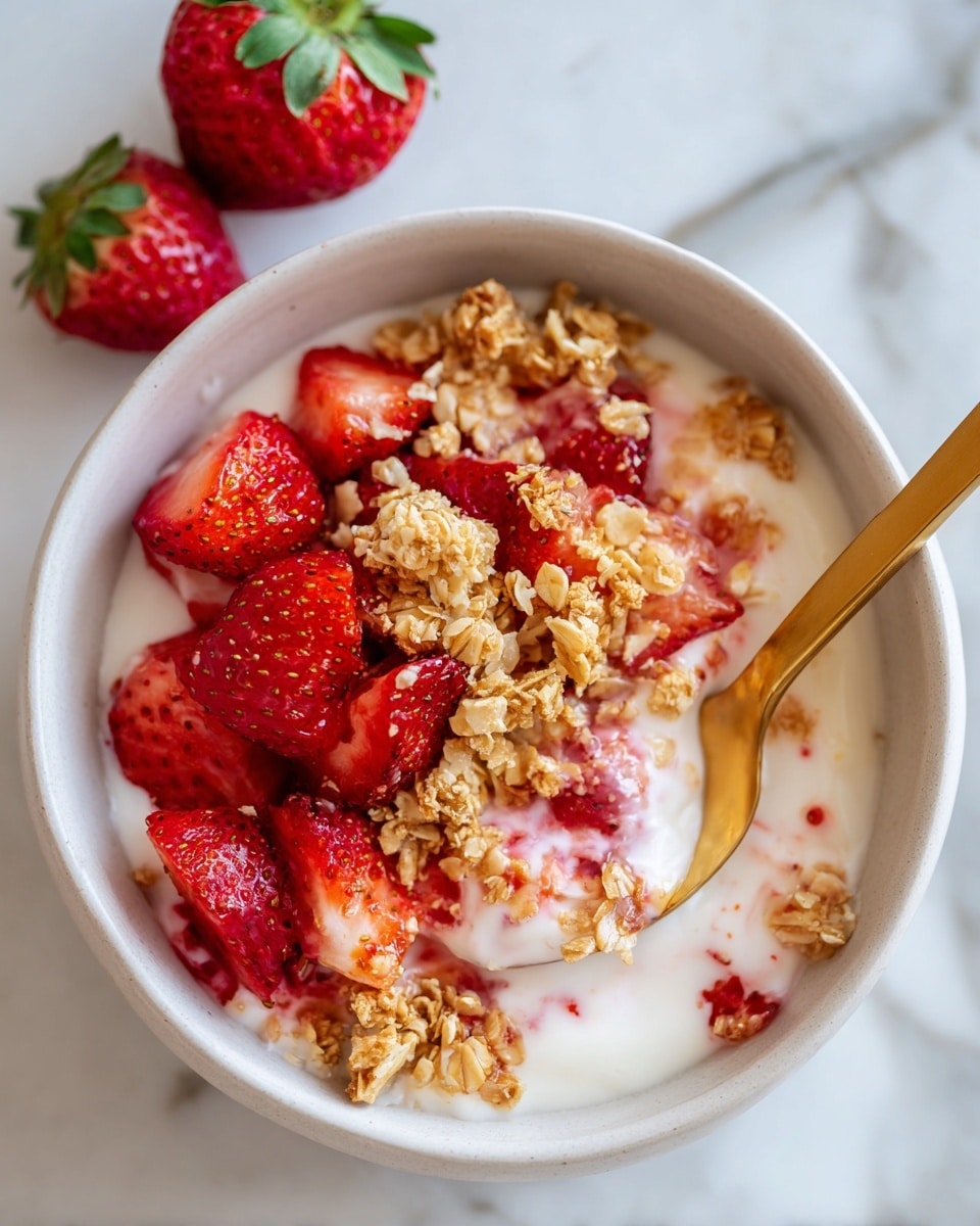 A white square baking dish filled with a strawberry crumble dessert with two main layers: the bottom layer is juicy red strawberry pieces with syrup visible around edges, and the top layer is a golden-brown oat crumble with mixed small and medium-sized oat clusters covering the fruit evenly; a silver spoon is inside the dish scooping some crumble and fruit, revealing a dollop of white vanilla ice cream partially melted on top of the exposed strawberry layer; the dish is placed on a white marbled surface with a white bowl filled with whole strawberries nearby, and two silver spoons resting next to the dish photo taken with an iphone --ar 4:5 --v 7