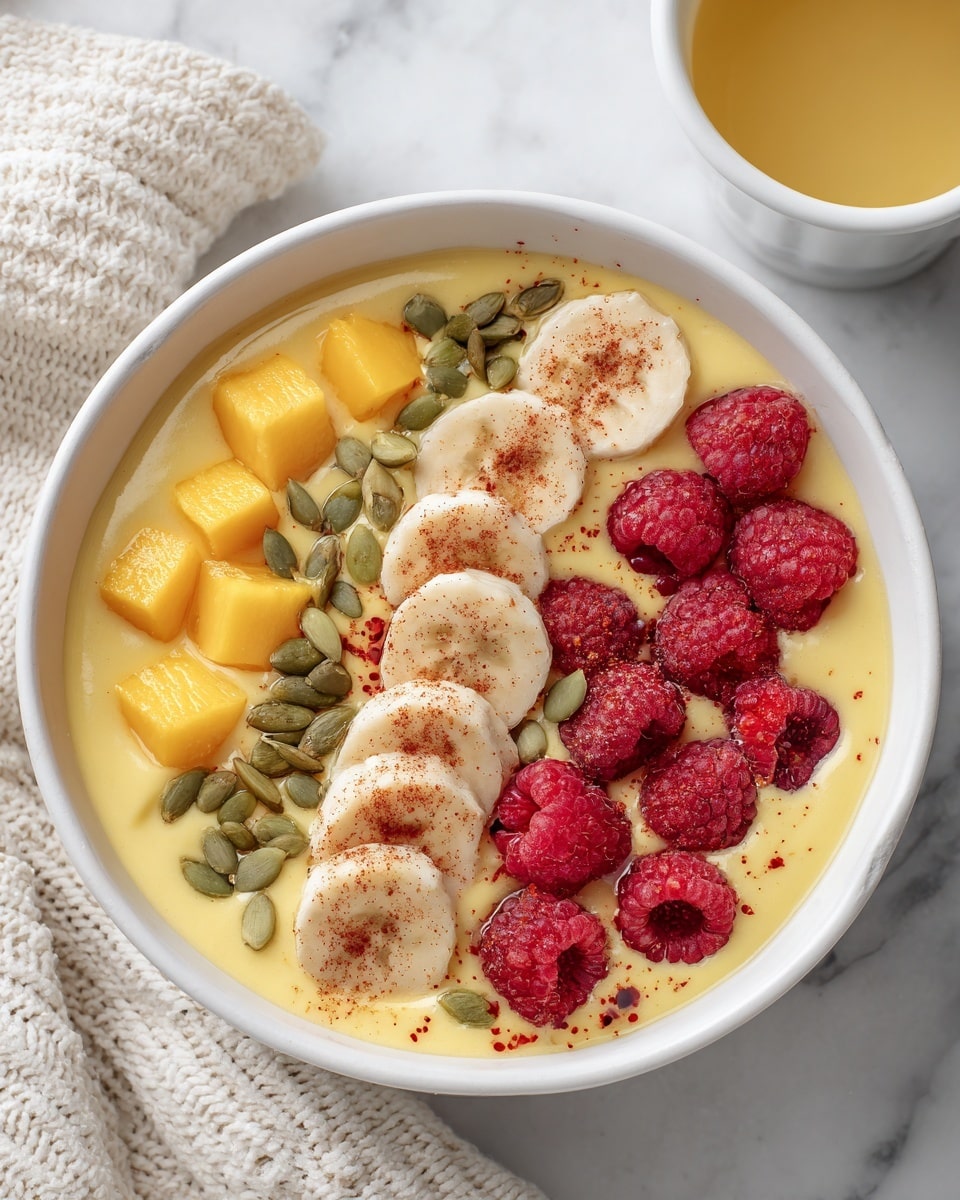 A white bowl filled with three main layers: at the bottom there is a creamy light yellow base with a smooth texture, topped with neatly arranged slices of pale yellow banana on the right side, bright yellow mango cubes on the left side, and a few whole red raspberries placed in front. The banana slices and mango cubes have green pumpkin seeds sprinkled over them along with some red pomegranate seeds on the mango side. The bowl sits on a wooden surface with a cream-colored knitted cloth nearby and a white cup with a yellow liquid blurred in the background. A gold spoon lies in the foreground on the wooden table, photo taken with an iphone --ar 4:5 --v 7