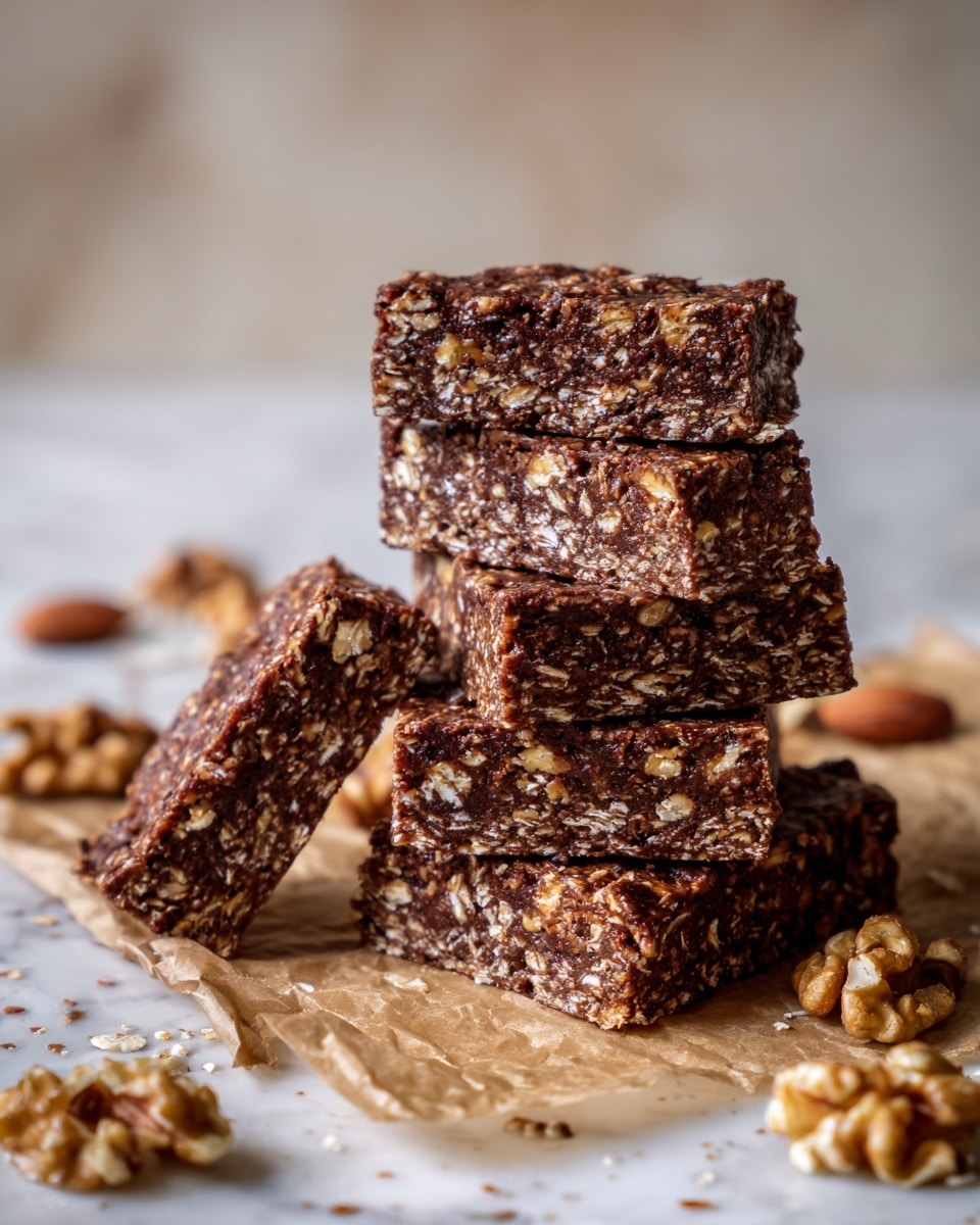 The image shows a cluster of dark brown, square-shaped bars with a rough texture, scattered on a crumpled sheet of light brown parchment paper. The bars have small bits of lighter color mixed in, suggesting nuts or grains inside. Around the parchment paper on a white marbled surface, there are several pieces of walnut halves. A silver knife with a decorative handle rests sideways on the parchment paper on the left side of the bars. Small crumbs are scattered around the bars and walnuts, adding a casual feel. Photo taken with an iphone --ar 4:5 --v 7