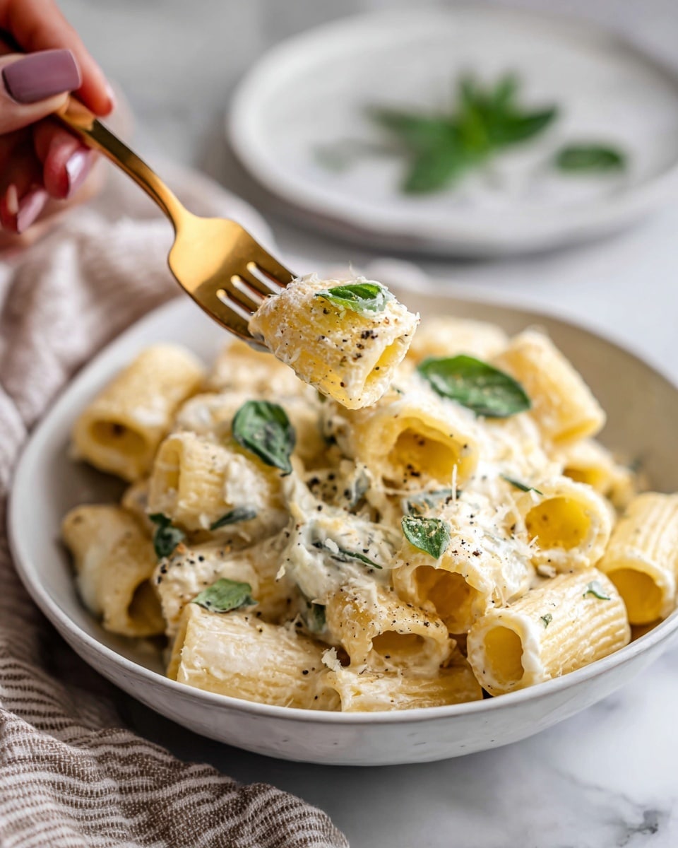 A close-up of rigatoni pasta with a creamy white sauce in a white bowl, topped with small green basil leaves scattered throughout. A woman's hand holds a gold fork with one piece of rigatoni pasta, coated with the sauce and with a textured surface from grated cheese. The background has a white marbled texture with blurred green herbs on a white plate and a striped light brown cloth visible. Photo taken with an iphone --ar 4:5 --v 7