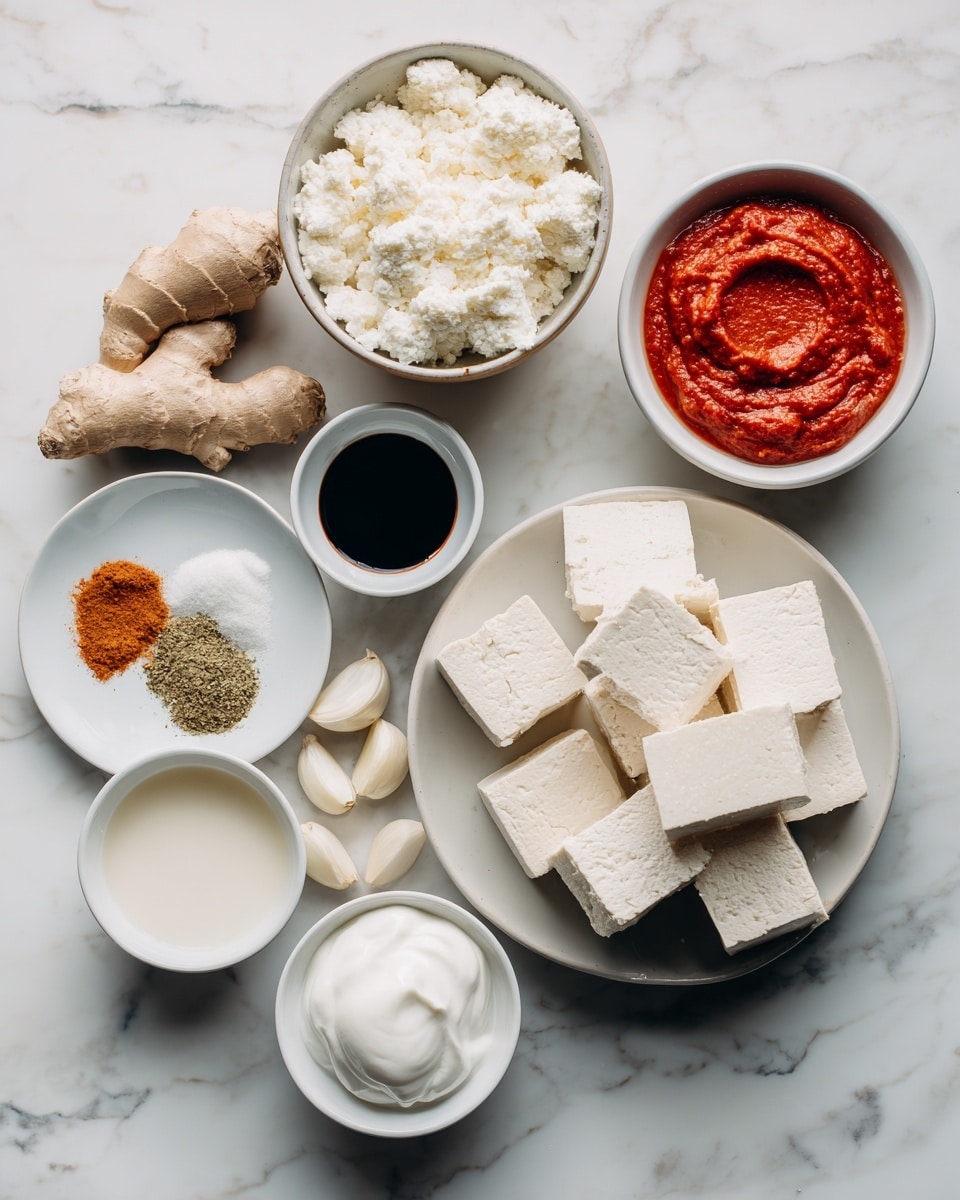 A white bowl in the center filled with pale, bumpy coconut milk sits on a white marbled surface. Below it is a white bowl with bright red tomato sauce visible through a smooth texture. To the left, a white plate holds three small piles of spices in shades of brown, orange, and green. Below the spices, there are three peeled garlic cloves arranged loosely next to a bunch of knobby ginger root with a light tan skin. To the right of the coconut milk, a small white bowl holds a dark, shiny soy sauce. Slightly below it, another white bowl contains a dollop of white coconut oil. In the middle bottom of the image, a white bowl holds several large beige tofu cubes stacked in an irregular pile. The whole setup is on a clean white marbled surface. photo taken with an iphone --ar 4:5 --v 7