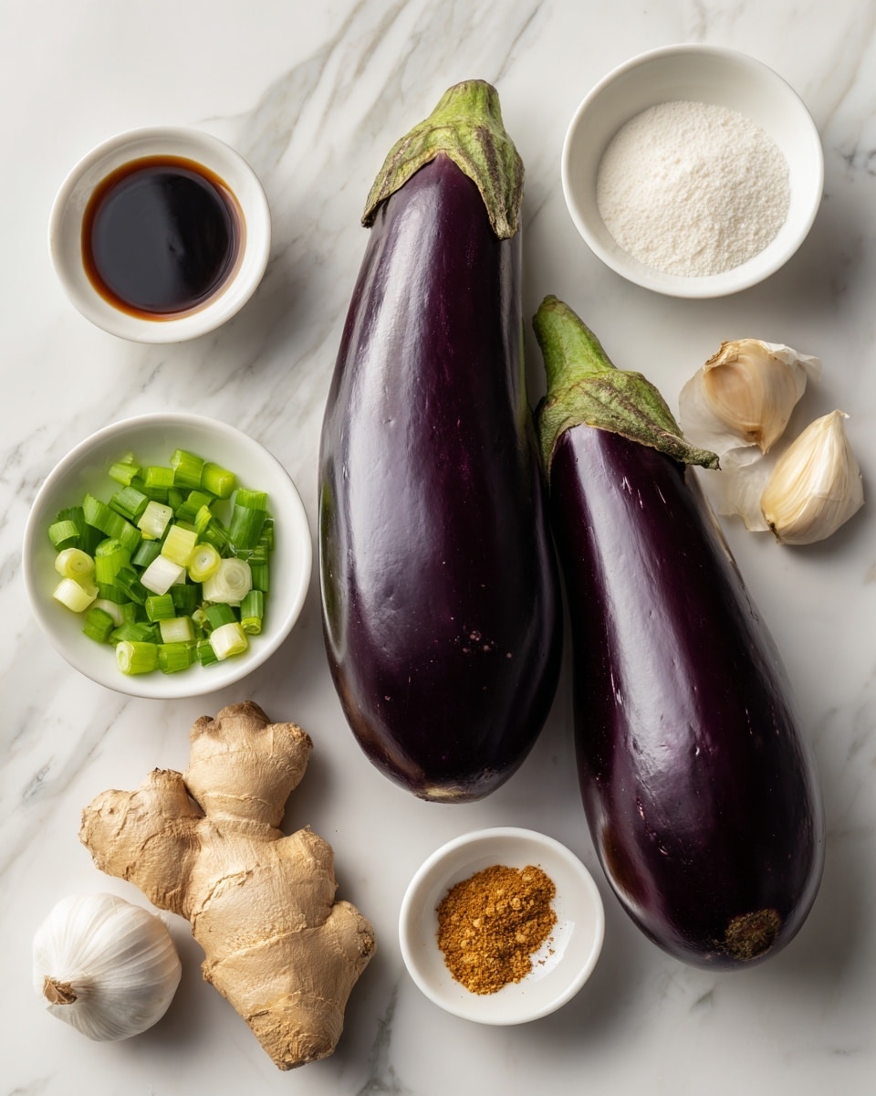 The image shows two long, shiny purple eggplants placed side by side on a white marbled surface. Around them, there are several small white bowls containing different ingredients: one with green chopped spring onions, one with a dark soy-like sauce, one with white powder, and another with a golden-brown spice. Outside the bowls, a whole garlic bulb and a light brown ginger root are also visible, all arranged neatly to display the ingredients clearly. photo taken with an iphone --ar 4:5 --v 7
