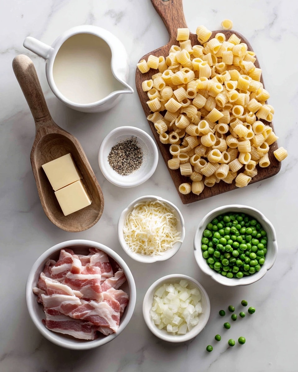 This image shows ingredients for cooking arranged neatly on a white marbled surface. There is a wooden scoop filled with small, uncooked pasta tubes, some spilling onto the surface. Nearby is a small white pitcher with cream inside. Small white bowls hold different items: one has salt and black pepper, another has a square piece of butter, one contains grated cheese, and another is filled with finely chopped shallots. A white bowl holds pieces of raw bacon with pink and white colors. Another bowl contains green peas, with a few scattered outside the bowl. The setup looks simple and clean. photo taken with an iphone --ar 4:5 --v 7