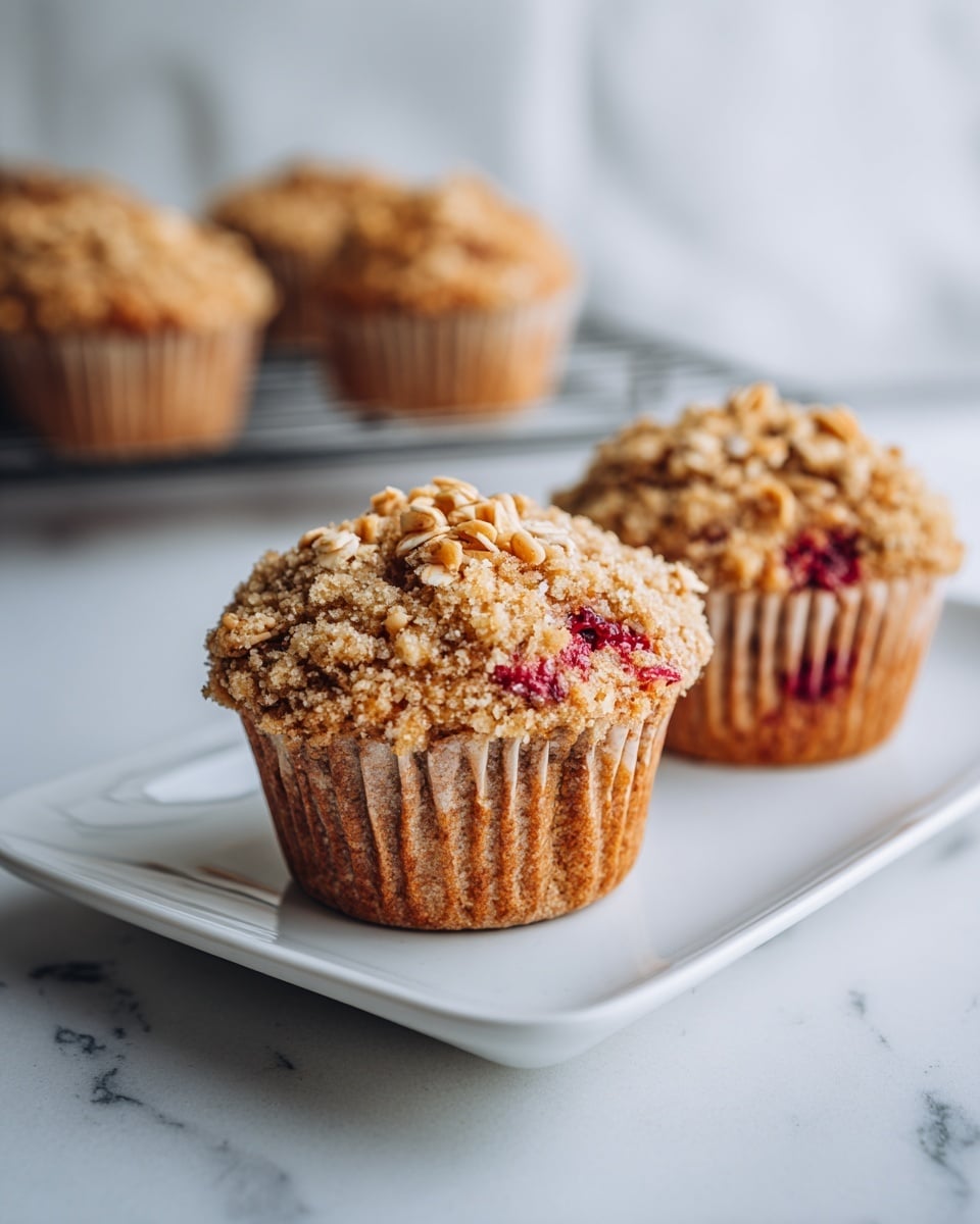 Two muffins with a crumbly, golden brown top layer with small chunks and oats sit on a clean white rectangular plate on a white marbled surface. The muffins have a light brown textured base with hints of red fruit pieces inside, showing through the paper liners. In the background, more muffins are cooling on a wire rack against the same white marbled surface. photo taken with an iphone --ar 4:5 --v 7