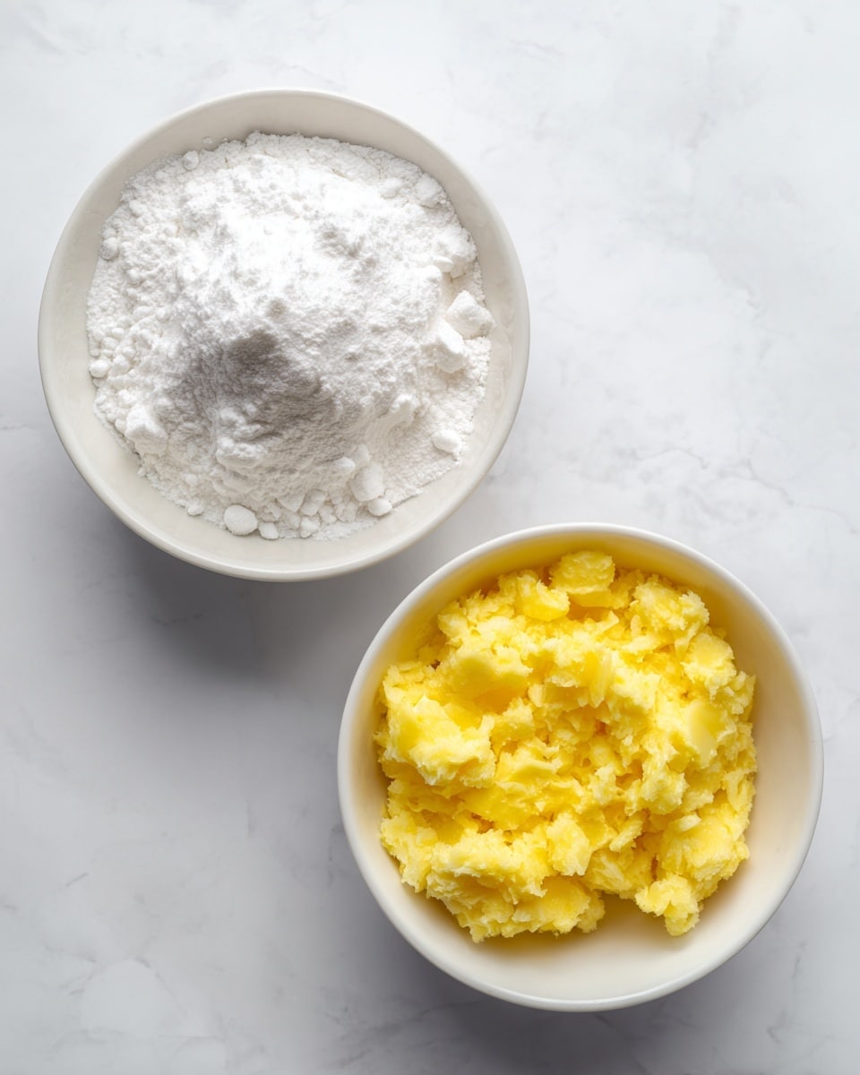 Two bowls sit side by side on a white marbled surface. The bowl on the left is filled with a white powdery substance that looks soft and fluffy, with a smooth, fluffy texture piled high. The bowl on the right holds a bright yellow, chunky mixture that looks wet and slightly thick, with visible pieces mixed together. Both bowls are white and round. photo taken with an iphone --ar 4:5 --v 7