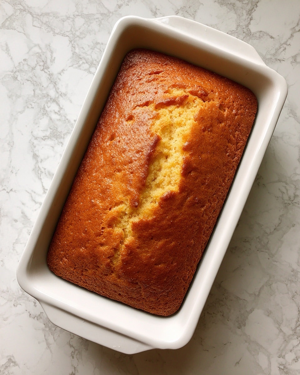 A rectangular white ceramic baking dish filled with a freshly baked golden brown cake with a slightly uneven top, showing some small white spots and light cracks, resting on a white marbled surface. The cake has a soft and slightly puffy texture, with a warm golden crust covering the entire surface evenly. Photo taken with an iphone --ar 4:5 --v 7