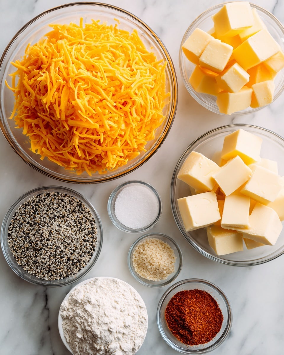 The image shows several clear glass bowls arranged on a white marbled surface. The largest bowl, placed slightly to the left center, is filled with shredded bright orange cheddar cheese, showing a soft and slightly rough texture. To the top right of it, a smaller bowl holds evenly cut yellow cubes of butter with smooth edges. Below the cheese bowl, a bowl contains a heap of white flour with a fine, powdery texture. To the right center, a medium bowl contains a mix of small seeds with black, white, and tan colors, providing a rough, grainy look. Below it, three very small bowls hold powders and spices: one with white granulated salt, one with a pale yellow powder, and the last two with reddish-brown spices, each looking finely ground. The arrangement is neat and bright, with natural light enhancing the colors. Photo taken with an iphone --ar 4:5 --v 7