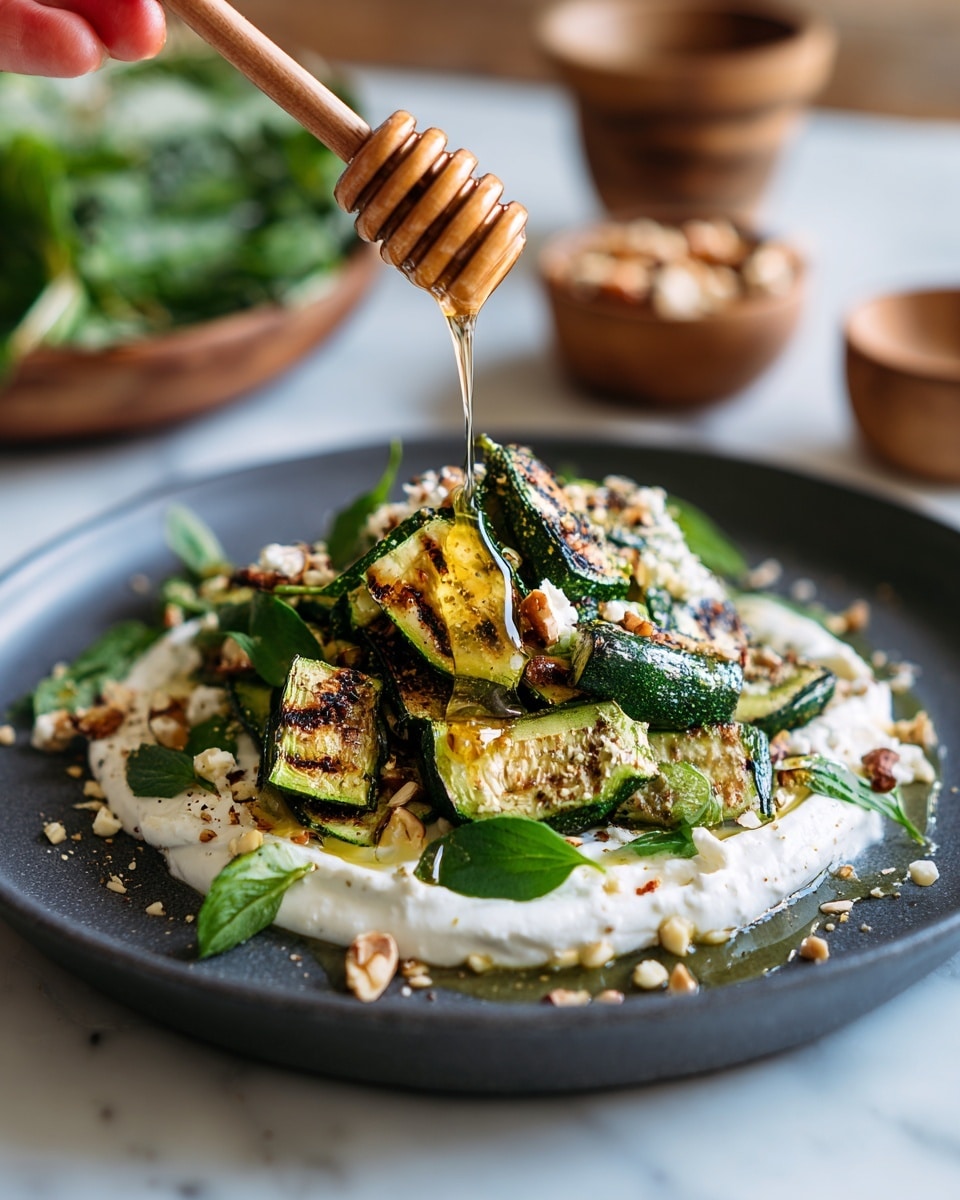 A dark gray plate holds a dish with a creamy white sauce spread at the bottom, topped with bright green fresh leaves scattered around. On top of the leaves are grilled zucchini pieces with charred brown marks and green edges, arranged in a small pile in the center. Crushed nuts and small bits of white cheese are sprinkled over everything. A wooden honey dipper held by a woman's hand is dripping golden honey over the grilled zucchini. The plate sits on a white marbled surface, with a blurred bowl of greens and a wooden bowl with nuts visible in the background. Photo taken with an iphone --ar 4:5 --v 7