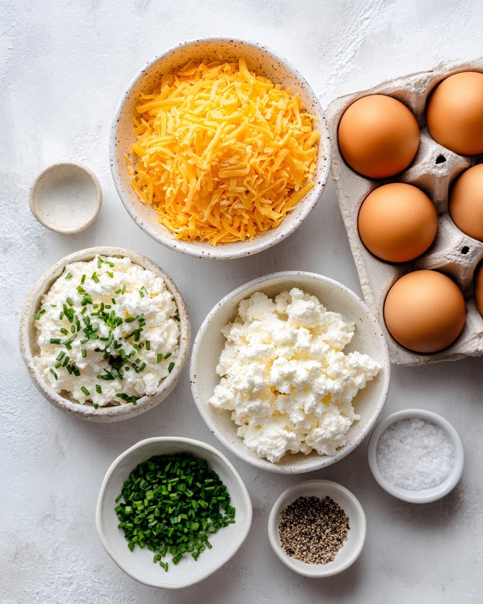 The image shows several ingredients placed on a white marbled surface. There is a white speckled bowl filled with shredded orange cheese at the top center, and below it a matching bowl containing white cottage cheese with a lumpy texture. To the right side, there is a carton holding eight brown eggs, and beneath these bowls are two small white dishes, one with chopped green chives and the other with coarse ground black pepper, as well as a tiny white bowl of white salt. Photo taken with an iphone --ar 4:5 --v 7