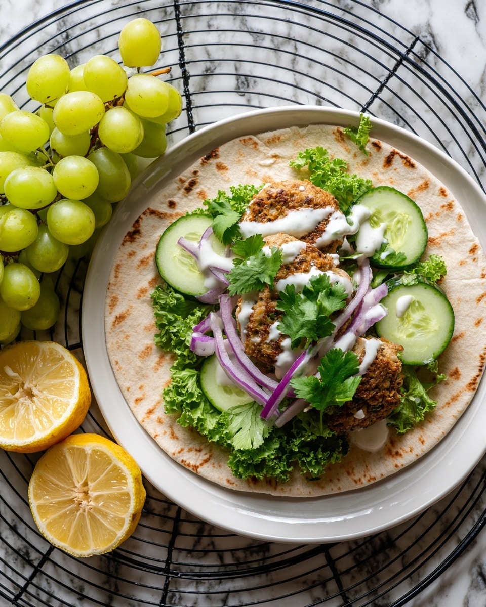 A white flatbread folded in half holds a sandwich with four main layers: on the bottom, fresh bright green lettuce leaves form a ruffled bed; next, a thick, brown grilled patty with a slightly crispy texture covers the lettuce; then, several slices of pale green cucumber and small pieces of purple onion sit on top, mixed with green cilantro leaves; a thin spread of white sauce is visible just under the flatbread on top. The sandwich is served on a white plate with a small bunch of green grapes and a yellow lemon wedge beside it, all set on a white marbled surface. photo taken with an iphone --ar 4:5 --v 7