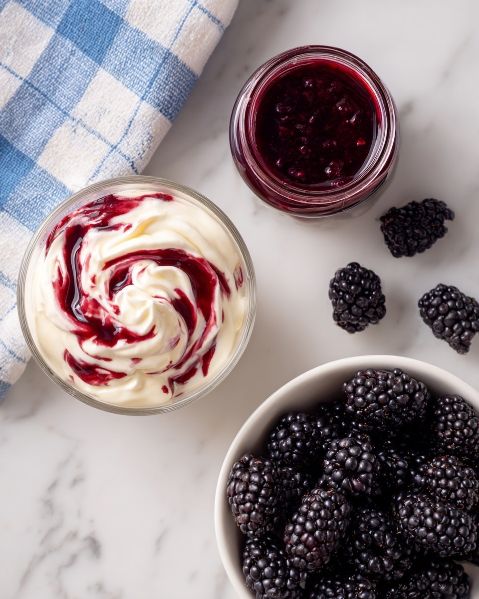 The image shows three close-up parts: on the left, a glass bowl filled with thick white cream swirled with deep red blackberry sauce, creating a smooth marbled texture with peaks and folds; on the top right, a small clear glass jar filled with dark red blackberry puree, with some puree on the rim, placed on a white marble surface alongside a few loose blackberries; on the bottom right, a white bowl full of shiny fresh blackberries resting on a blue and white checkered cloth on a white marble surface. Photo taken with an iphone --ar 4:5 --v 7