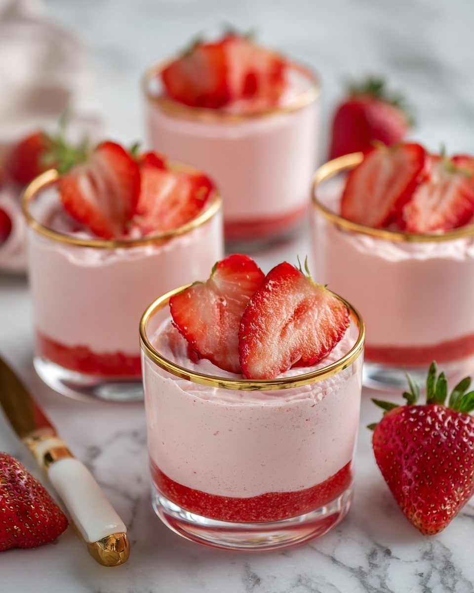Four glass cups each with two layers; the bottom layer is a smooth red strawberry puree and the top layer is a thick white cream. Each cup is decorated with small pieces of fresh red strawberries on top. The glasses have a thin gold rim on the edge and stand on a white marbled surface with whole and sliced strawberries scattered around. A white-handled knife is seen in the top right corner. photo taken with an iphone --ar 4:5 --v 7