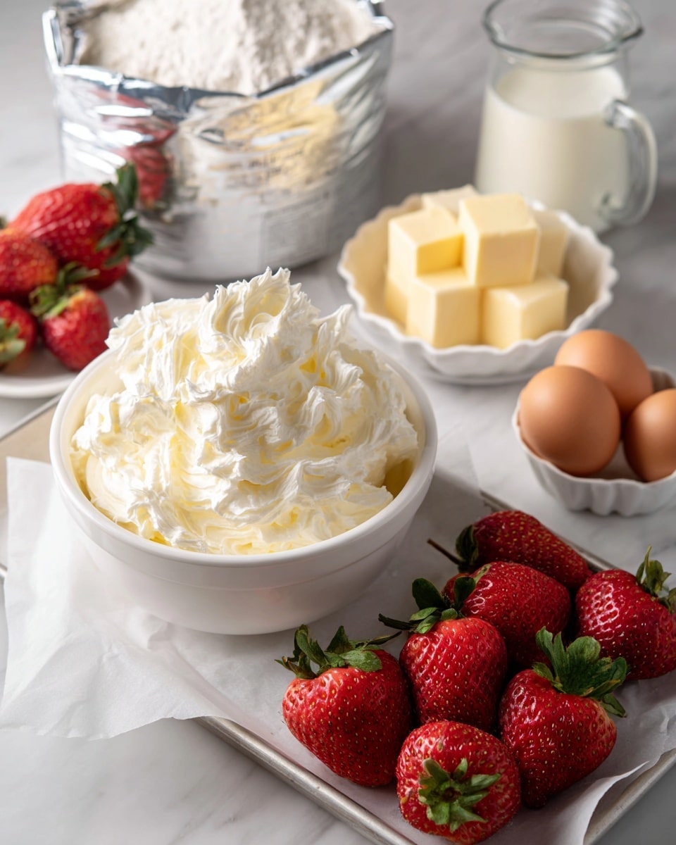 A white bowl filled with fluffy white whipped topping sits on the bottom left. Behind it, a shiny silver bag labeled white cake mix leans back. To the right, a small white scalloped dish holds several chunks of pale yellow butter. Next to it is a white pitcher filled with clear water. At the bottom right corner, a cluster of bright red strawberries with green leaves contrasts with two brown eggs below a small glass jar filled with white milk. Everything is arranged on a tray lined with white parchment paper, placed on a white marbled surface. Photo taken with an iphone --ar 4:5 --v 7