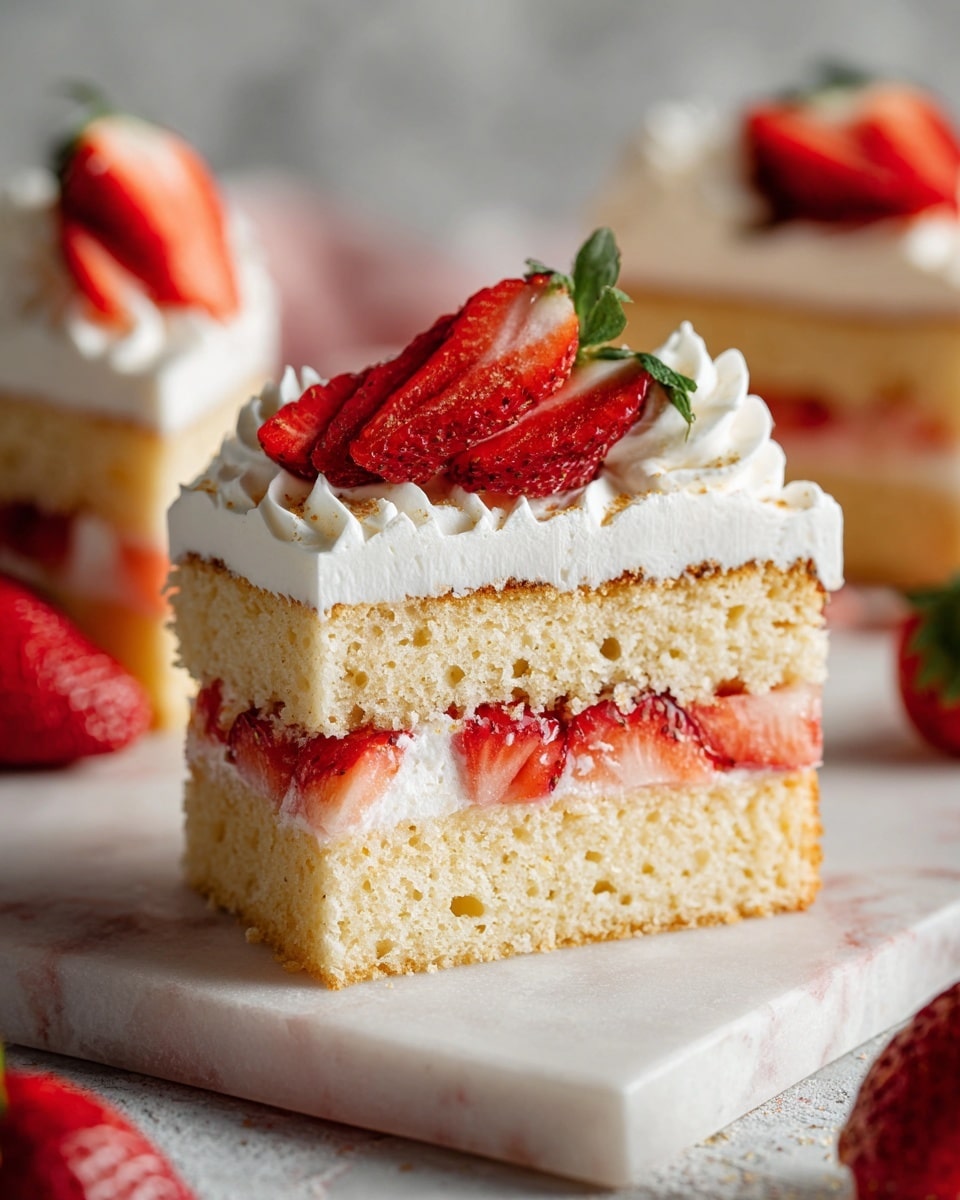 A rectangular cake in a baking pan lined with parchment paper shows two clear layers: the bottom cake layer is covered by a thick, white, creamy layer, which is topped evenly with fresh red strawberry halves arranged spaced out across the surface. The baking pan edges are visible, and the whole scene is set on a white marbled surface. A plate with whole strawberries appears in the top right corner. photo taken with an iphone --ar 4:5 --v 7