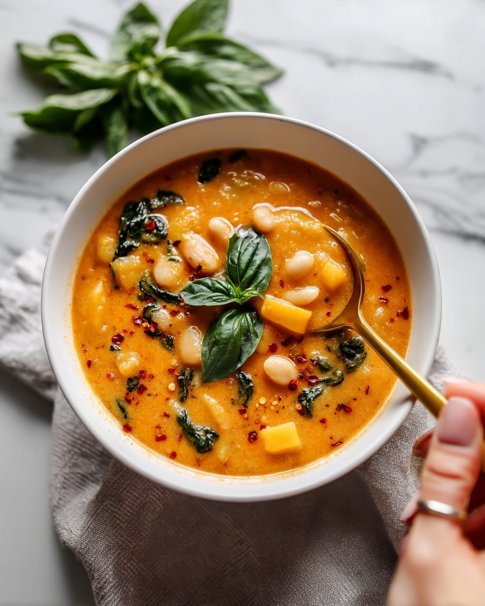 A white bowl filled with a thick soup showing three main layers: the bright orange broth base, mixed with diced yellow and white vegetables and white beans, and green spinach leaves scattered throughout. The top has a small cluster of fresh green basil leaves and a light sprinkle of red chili flakes. The bowl is placed on a soft gray cloth with a gold spoon to the right side. In the background, there is a bunch of fresh green basil leaves on a white marbled surface. Another white bowl with the same soup is partially visible in the upper left corner. Photo taken with an iphone --ar 4:5 --v 7