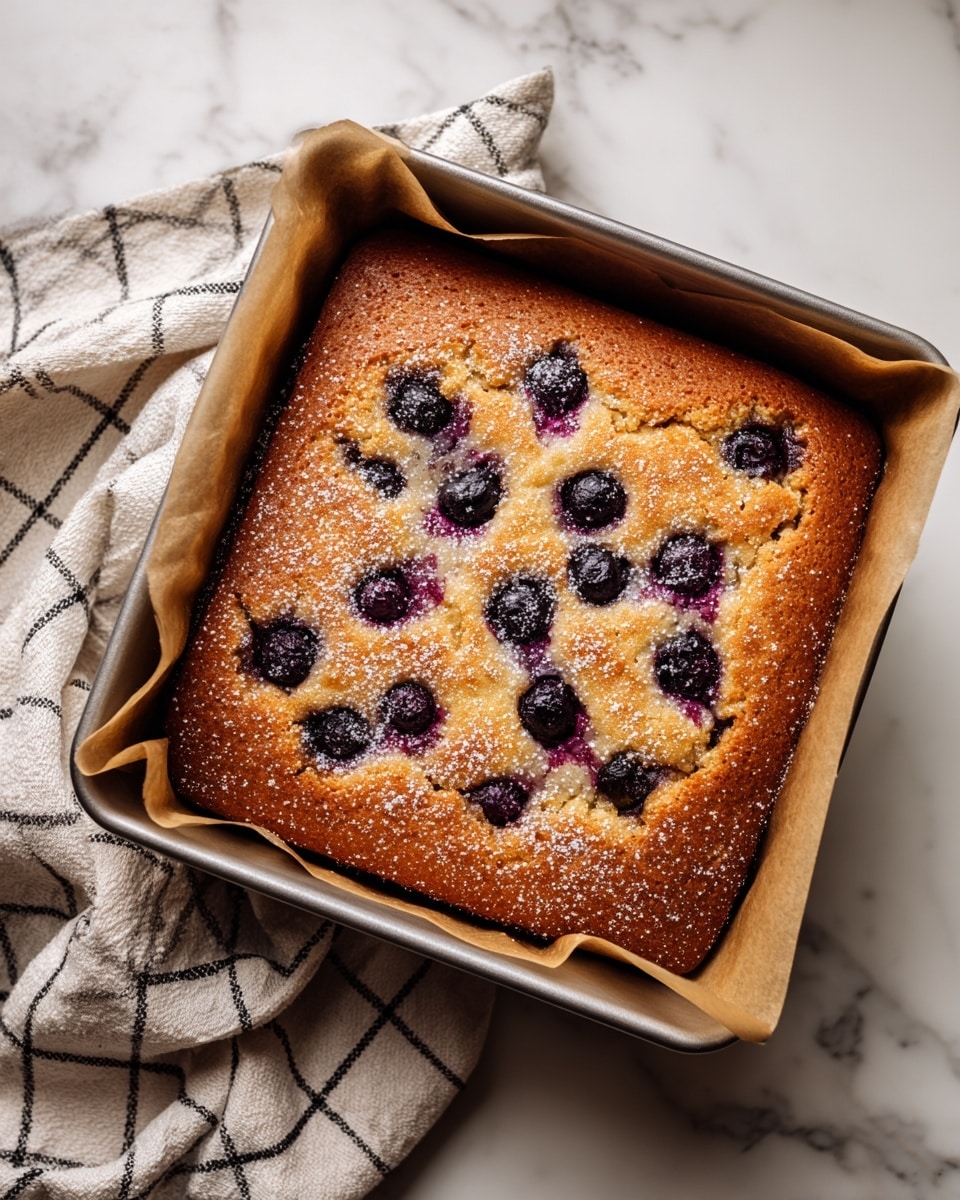 A golden brown square cake baked in a metal pan lined with parchment paper is shown. The cake has a slightly cracked surface, sprinkled with a light layer of fine white sugar. Embedded throughout the top layer are dark purple blueberries, some of which have released a bit of juice, creating soft purple spots that blend into the cake. The texture of the cake top looks slightly crisp and crumbly with a few raised areas, indicating a moist interior beneath the surface. Next to the pan, there is a lightly wrinkled beige cloth with a thin black grid pattern on it, resting on a white marbled surface. photo taken with an iphone --ar 4:5 --v 7
