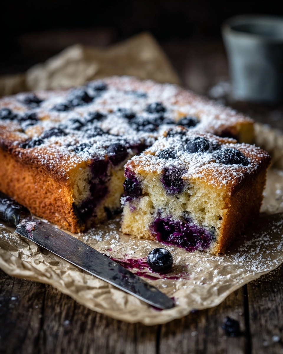 A square piece of light golden brown cake with a rough texture covered in powdered sugar and dotted with deep purple blueberries throughout. One piece has been cut from the corner, showing the soft inside with many blueberries embedded, creating small dark purple spots in the cake. The cake rests on crinkled parchment paper on a wooden surface, with a silver knife covered in some crumbs and blueberry stains placed next to it. photo taken with an iphone --ar 4:5 --v 7