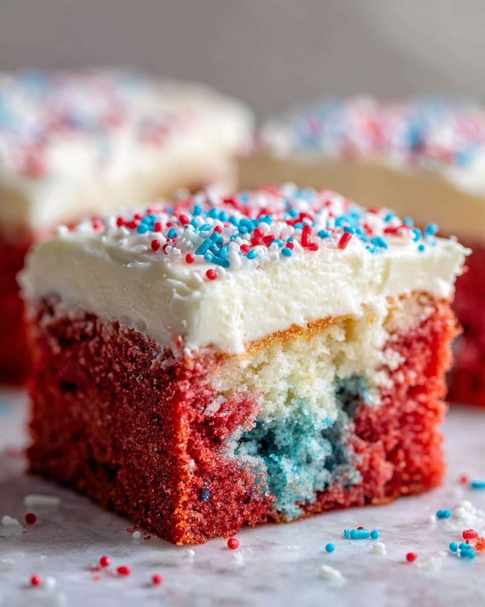 A close-up view of a square cake with three visible layers in red, white, and blue colors from left to right, showing a soft and moist texture. The cake is topped with a smooth and thick layer of white frosting, decorated with scattered small red, blue, and white sprinkles. The cake sits on a white marbled surface inside a baking tray. The front part of the cake has a missing piece, exposing the colorful inside layers. Photo taken with an iphone --ar 4:5 --v 7