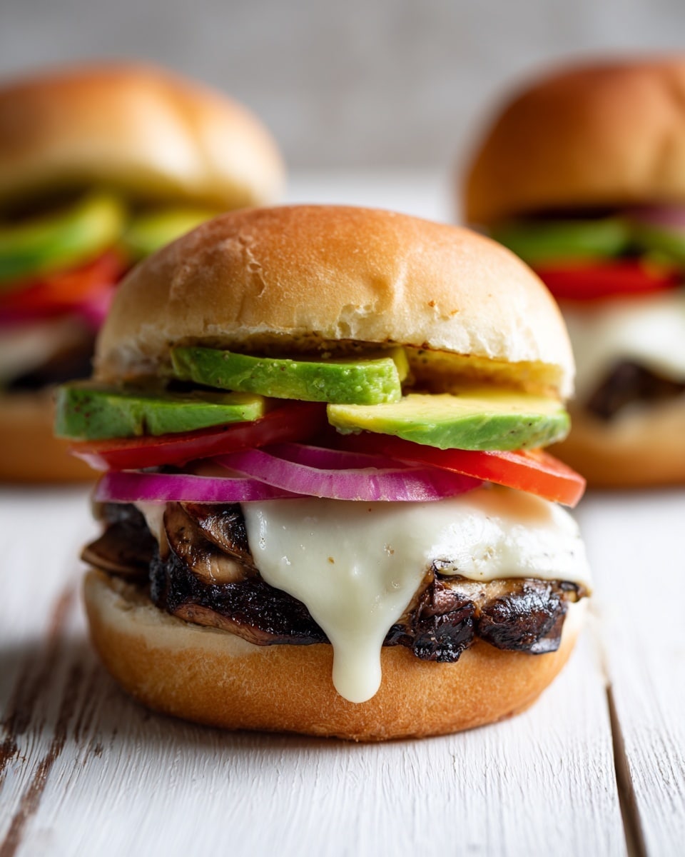 A close-up of a sandwich with a soft brown bun on top and bottom. Inside, there are several layers: at the bottom is a dark, thick grilled patty with melted white cheese over it. Above the cheese, there is a thick slice of red onion, several slices of green avocado, green leafy lettuce, and two slices of bright red tomato. In the background, there is a similar sandwich slightly blurred on a white marbled surface. Photo taken with an iphone --ar 4:5 --v 7