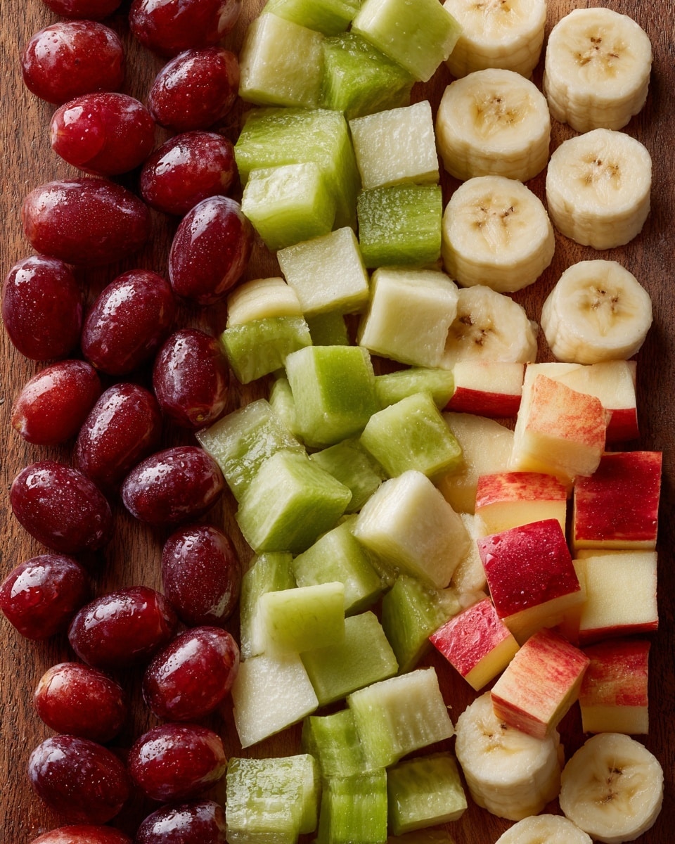 The image shows four layers of cut fruit pieces placed side by side on a wooden surface: on the left are red grape halves with shiny skins, next to them are bright green apple cubes with smooth skin, followed by light cream and red apple cubes with a mix of smooth and slightly rough textures, and on the right are round banana slices in pale yellow with soft texture, all arranged neatly in rows. photo taken with an iphone --ar 4:5 --v 7