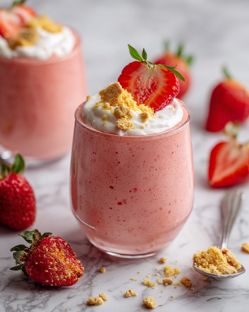 A clear glass cup filled with three visible layers: a creamy pink yogurt or mousse at the bottom, topped with a layer of white cream in the middle, and sprinkled with light brown crumbly biscuit pieces on top. A fresh strawberry cut in half with green leafy top sits on the white cream layer, near the biscuit crumbs. A silver spoon scooping some pink mousse is resting inside the glass. The glass is placed on a white marbled surface with blurred biscuit crumbs and parts of another glass visible in the background. photo taken with an iphone --ar 4:5 --v 7