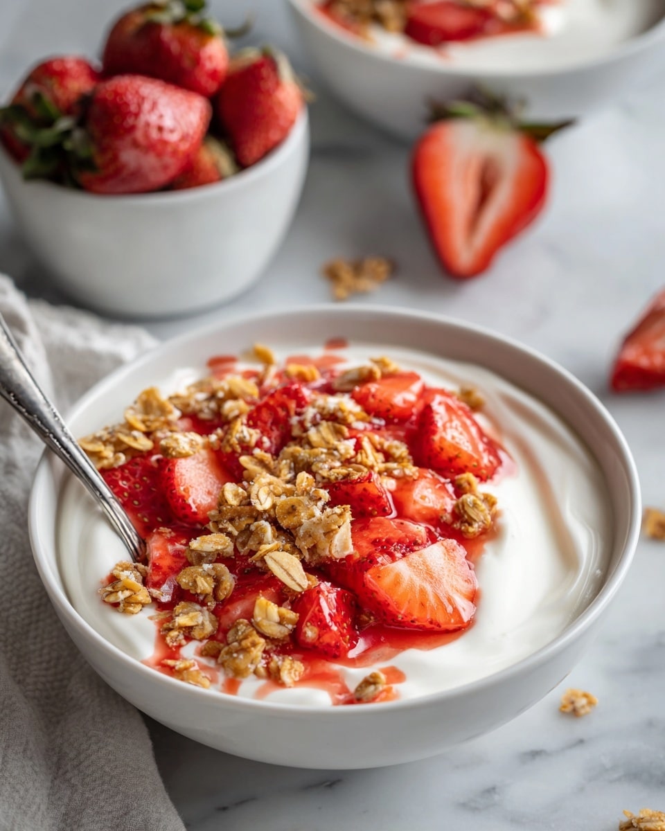 The image shows two white bowls filled with a three-layer dish placed on a white marbled surface. The bottom layer is creamy white cottage cheese, soft and slightly grainy. On top, there is a layer of red strawberry pieces with a fresh, juicy texture, mixed with golden brown granola that looks crunchy and textured with small oat flakes and bits of nuts. Both bowls have a small drizzle of honey over the strawberries and cottage cheese, adding a shiny, golden syrup effect. A silver spoon rests inside the central bowl. Around the bowls, there are fresh strawberries, one sliced in half, a small white bowl with rolled oats, and a glass of amber liquid, all placed casually. The setting is bright and clean. Photo taken with an iphone --ar 4:5 --v 7