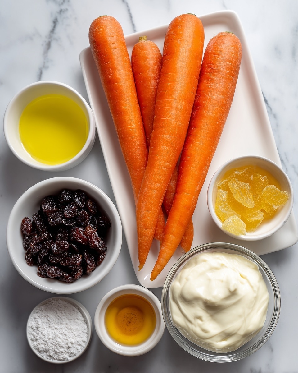 The image shows four large orange carrots placed on a white rectangular plate positioned slightly to the right on a white marbled surface. Above the carrots and slightly right is a small white bowl filled with smooth, creamy mayo. To the upper left of the carrots is a small bowl with light yellow lemon juice, and below that is another small bowl containing golden honey. Below the carrots, towards the bottom center, is a tiny white bowl with white salt. On the bottom left corner, there is a white bowl filled with dark raisins. Near the bottom right is a glass bowl filled with thick white Greek yogurt. Each ingredient is clearly labeled with black text on white rectangles. Photo taken with an iphone --ar 4:5 --v 7