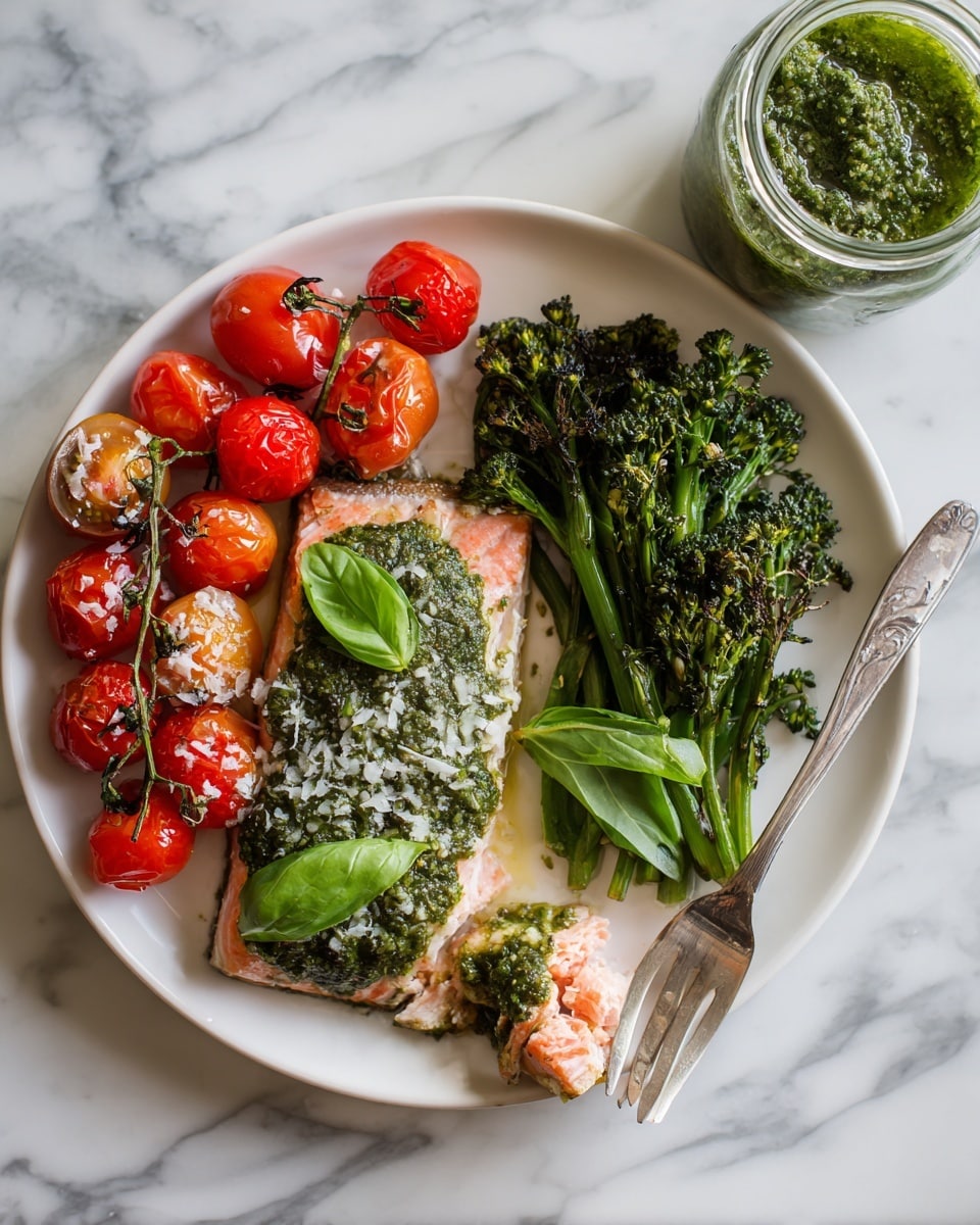 A white plate holds a colorful dish with three main layers. On the left side, there are many bright red cherry tomatoes with a shiny texture, some sprinkled with small white flakes, and a few fresh bright green basil leaves on top. In the middle, there is a thick piece of pink cooked salmon partially covered with a thick green pesto sauce with small white cheese pieces melted into it and topped with two whole fresh basil leaves. On the right side, there is a group of dark green broccolini with a slightly rough texture, mixed with a few cherry tomatoes and a couple of green basil leaves scattered on top. A silver fork rests near the bottom right corner of the salmon, showing a small piece taken off. The whole plate is set on a white marbled surface, with a glass jar filled with the same green pesto sauce near the top right corner. Photo taken with an iphone --ar 4:5 --v 7