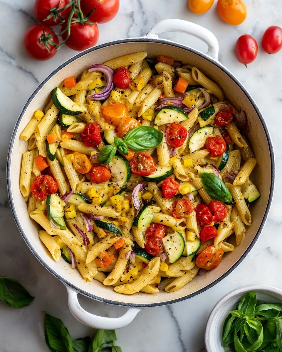 A white pot filled with cooked penne pasta mixed with three layers of colorful vegetables: bright red cherry tomatoes, small green zucchini slices, and some orange bell pepper pieces. Thinly sliced red onions are scattered throughout, along with fresh green basil leaves on top. The pasta and vegetables look lightly coated with oil and slightly seasoned, showing small black pepper specks. The pot sits on a white marbled surface, with a few whole tomatoes on the vine and a small white bowl of fresh basil visible around it. Photo taken with an iphone --ar 4:5 --v 7