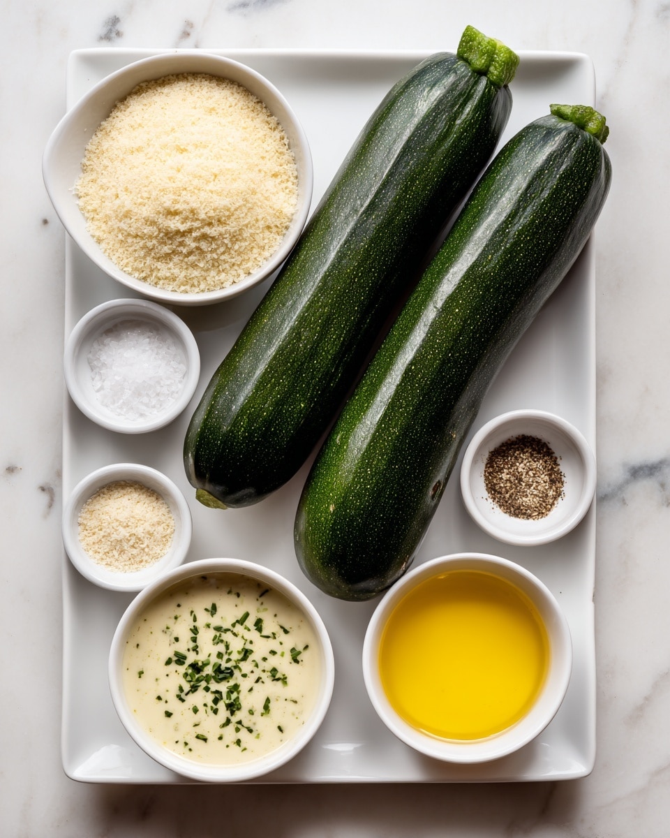 Two dark green zucchinis are placed side by side on a white rectangular plate in the center on a white marbled surface. Around the plate are five small white bowls filled with ingredients: one bowl holds pale yellow panko breadcrumbs, another has white grated parmesan cheese, a smaller bowl contains white sea salt, another has brown Italian seasoning, and the last bowl holds a bright yellow beaten egg. Below to the left is a white bowl of creamy aioli dipping sauce with green herb bits on top. Photo taken with an iphone --ar 4:5 --v 7