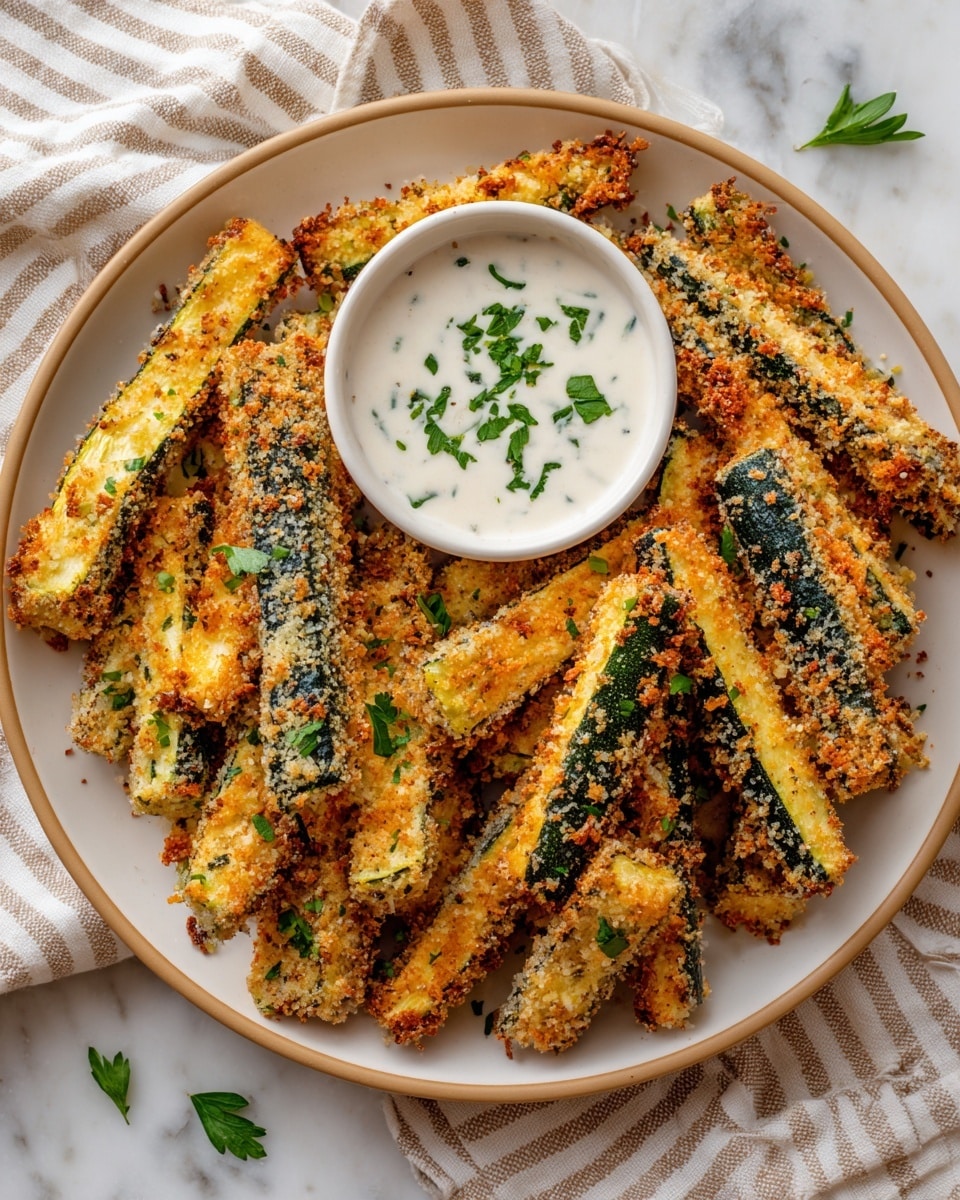 A white round plate filled with many thin, green zucchini sticks covered with a golden brown, crispy breadcrumb coating mixed with herbs and spices, arranged around a small white round bowl of creamy white dipping sauce sprinkled with chopped green parsley. A woman's hand is holding one zucchini stick dipping it into the sauce. The plate is placed on a white marbled surface photo taken with an iphone --ar 4:5 --v 7