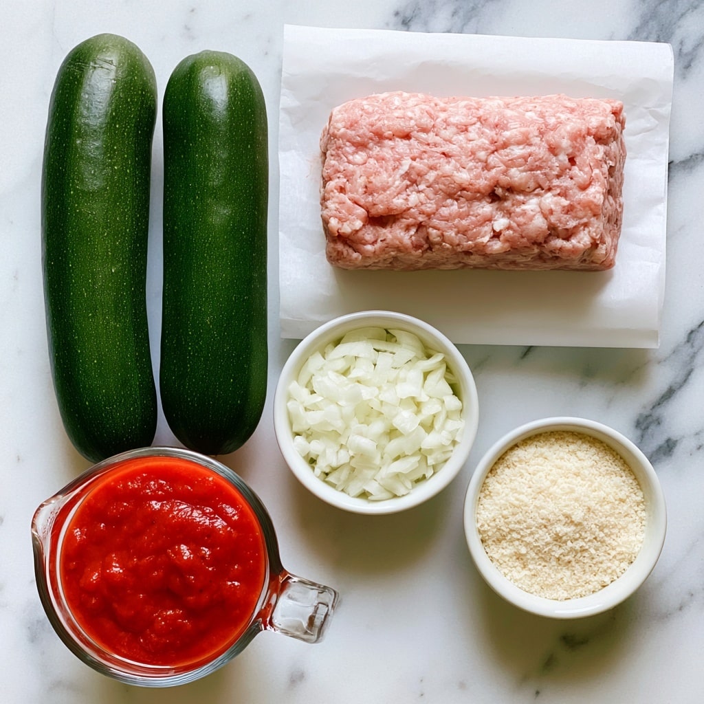 The image shows five main ingredients laid out on a white marbled surface. On the left, there are two whole zucchinis with dark green skin, placed side by side vertically. To their right, there is a block of light pink ground turkey sitting on white parchment paper. Below the ground turkey, there is a small white bowl filled with finely chopped white onions. Below the zucchinis and onions to the left, there is a clear glass measuring cup filled with bright red marinara sauce. To the right of the onions, there is a small white bowl filled with grated Parmesan cheese that is pale off-white in color. Each ingredient is labeled with clear white rectangular tags with black text photo taken with an iphone --ar 4:5 --v 7