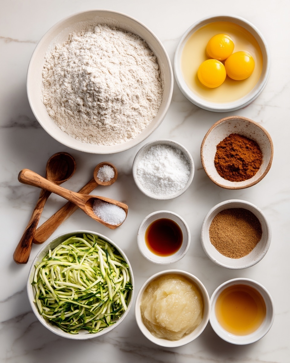 The image shows several white bowls and small white dishes arranged neatly on a white marbled surface. Starting from the top left, there is a large white bowl filled with soft, powdery whole wheat pastry flour, next to three wooden measuring spoons holding baking powder, nutmeg, and baking soda. On the right side, a white bowl contains two raw eggs, yellow yolks bright against the clear whites. Below the flour bowl, a small wooden dish holds white salt. To its right, a small white speckled bowl contains brown cinnamon powder. Next to the eggs is a white bowl filled with shredded zucchini, green and fresh looking. Down below, a small white bowl has a light brown liquid vanilla extract. Beside that, a larger white bowl holds smooth applesauce, pale and thick. Next to the applesauce is a clear bowl with amber maple syrup showing a shiny surface. Finally, in the bottom right, a small white bowl holds light golden olive oil with a smooth texture. The arrangement is clean and organized, with each ingredient clearly visible to show its color and texture. Photo taken with an iphone --ar 4:5 --v 7