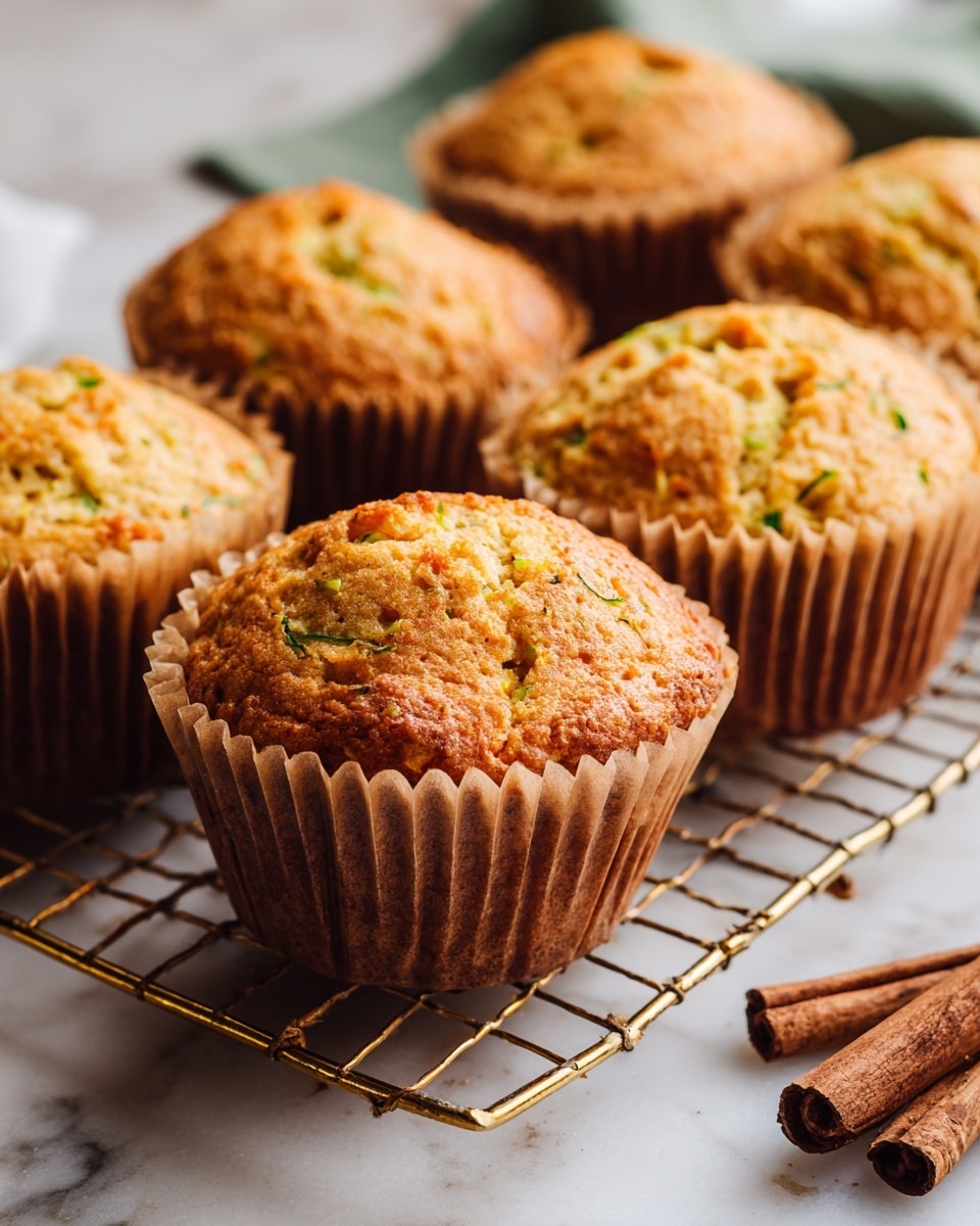 The image shows several brown muffins with a soft, crumbly texture and small green specks throughout, indicating the presence of grated vegetable, likely zucchini. One muffin is partially open at the center, showing its moist and tender inside. The muffins are in ridged light brown paper liners, placed on a surface with a white marbled texture. There are cinnamon sticks and a piece of green cloth near the muffins, adding a warm and cozy feel. The photo is close-up, highlighting the muffins' texture and color contrast. photo taken with an iphone --ar 4:5 --v 7