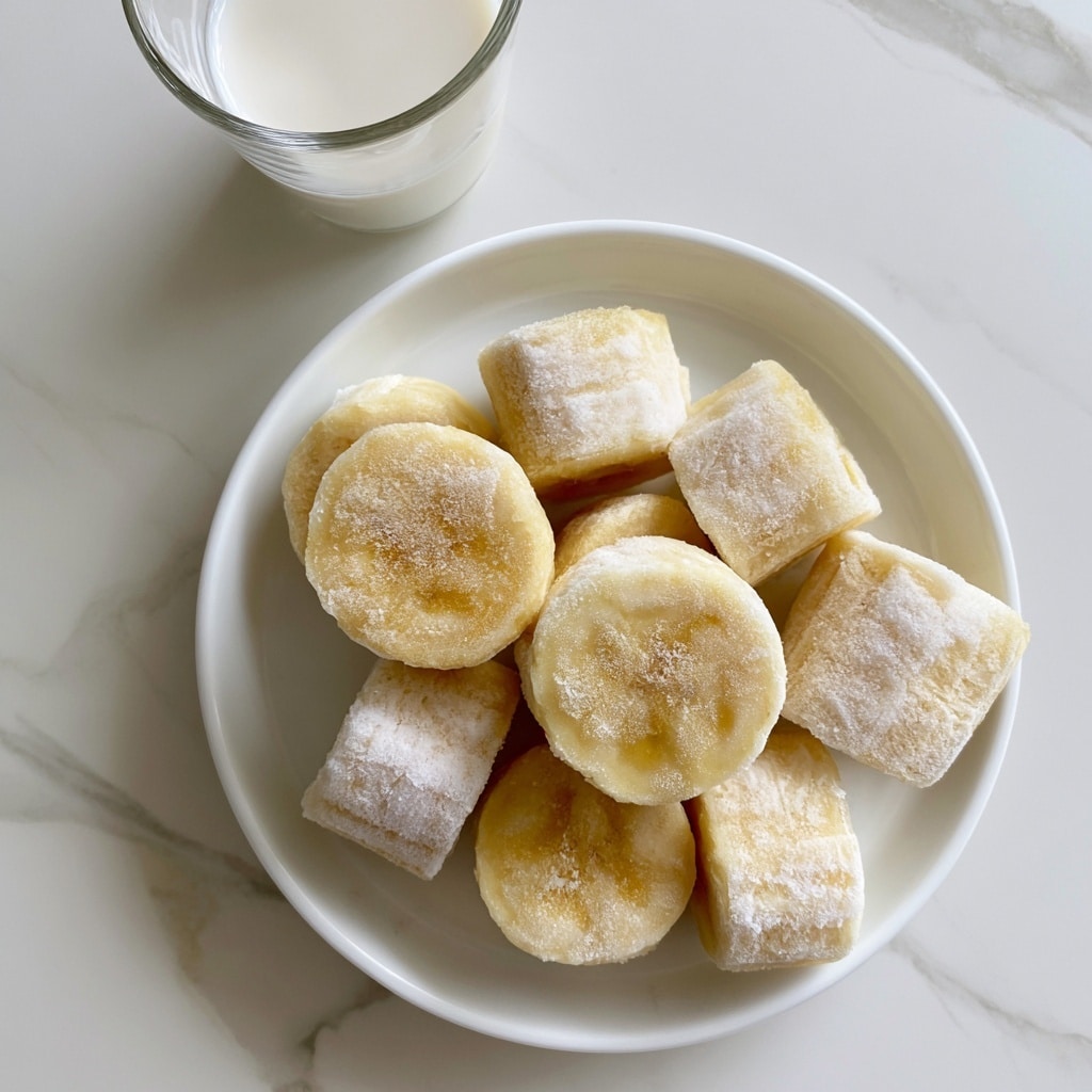 There is a white plate filled with several pieces of frozen banana cut into thick, round slices and blocks, covered in frost making them look light yellow and white. Above the plate, there is a transparent glass cup with a small amount of almond milk that looks creamy white. Both the plate and the glass are placed on a white marbled surface. The text labels