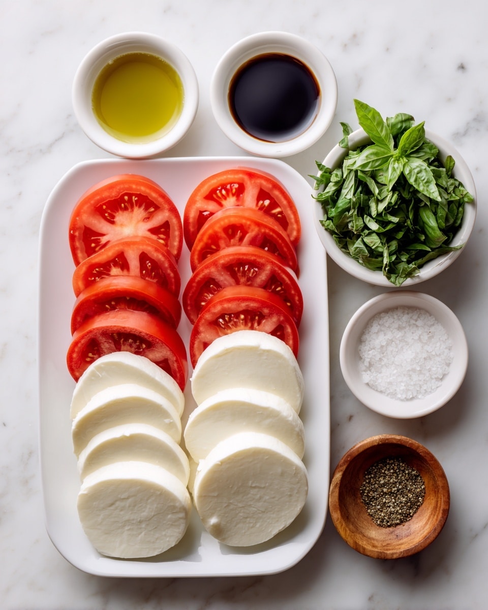 A white rectangular plate holds two neat rows: one row of bright red, round tomato slices, and directly below it, a row of smooth, white mozzarella slices. Surrounding the plate on a white marbled surface are five small white bowls and a wooden bowl, each containing different ingredients: a bowl of light green olive oil, a bowl of dark balsamic vinegar, a bowl of fresh green basil leaves, a bowl of white sea salt, and a wooden bowl with black pepper. The arrangement is clean and organized, with the vibrant colors of the ingredients contrasting against the white marbled background and plate. photo taken with an iphone --ar 4:5 --v 7