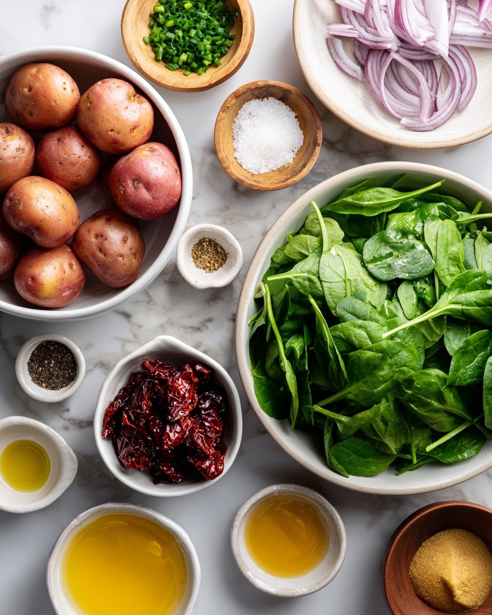 A top-down view of various ingredients neatly placed on a white marbled surface, each in a small white or wooden bowl. In the center, a large white bowl holds about two layers of small red potatoes with a smooth texture. To the right, a large white bowl is filled with two layers of fresh bright green baby spinach leaves. Above the potatoes, a small white bowl contains deep red sun-dried tomatoes in one layer. Surrounding these are smaller wooden bowls with sea salt (white granules), chopped green chives, and chopped parsley. Below the bowls, small white dishes hold golden olive oil, dark amber maple syrup, and smooth mustard-yellow Dijon mustard. A small wooden bowl with black pepper is near the bottom. In the top right corner, a clear bowl holds thinly sliced light purple shallots. The arrangement is clean and organized, with each ingredient clearly visible. Photo taken with an iphone --ar 4:5 --v 7